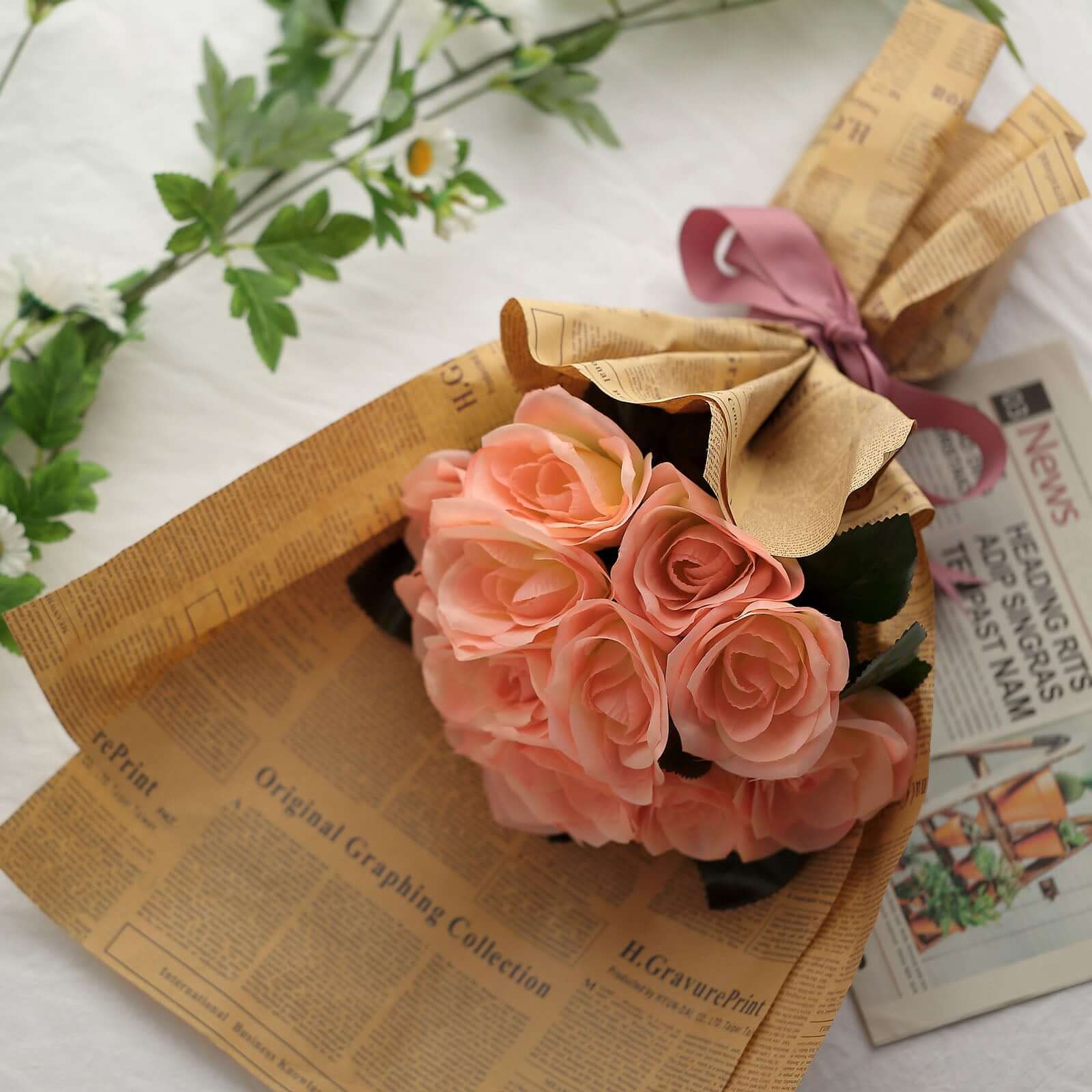12" Peach Artificial Velvet-Like Fabric Rose Flower Bouquet Bush