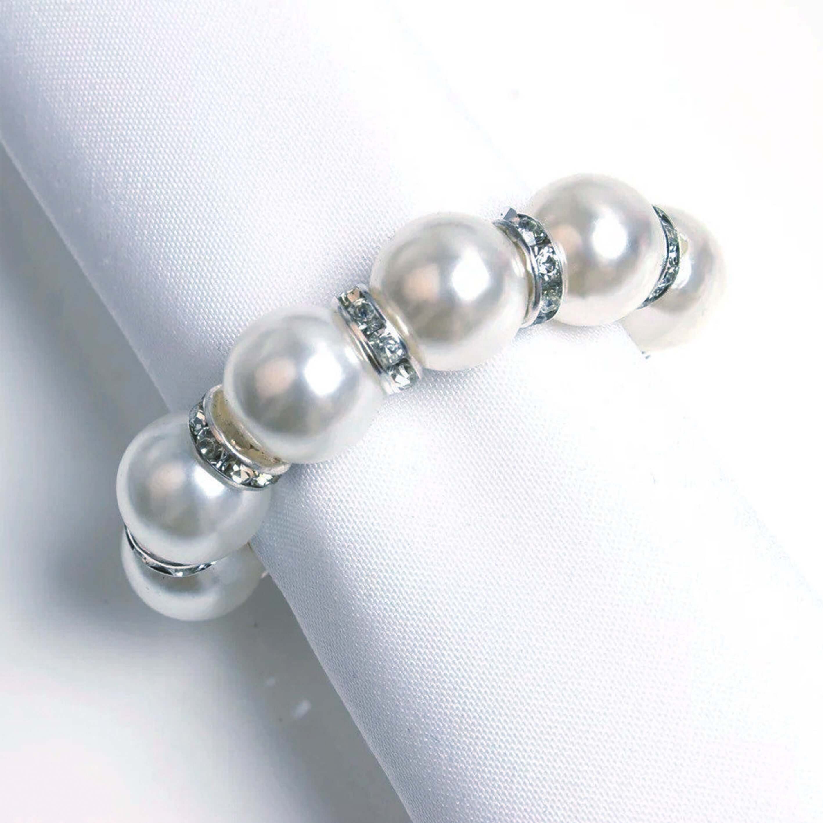 4 Pack 1.5" White Pearl Beads and Silver Rhinestone Napkin Rings, Elegant Round Serviette Buckle Napkin Holders