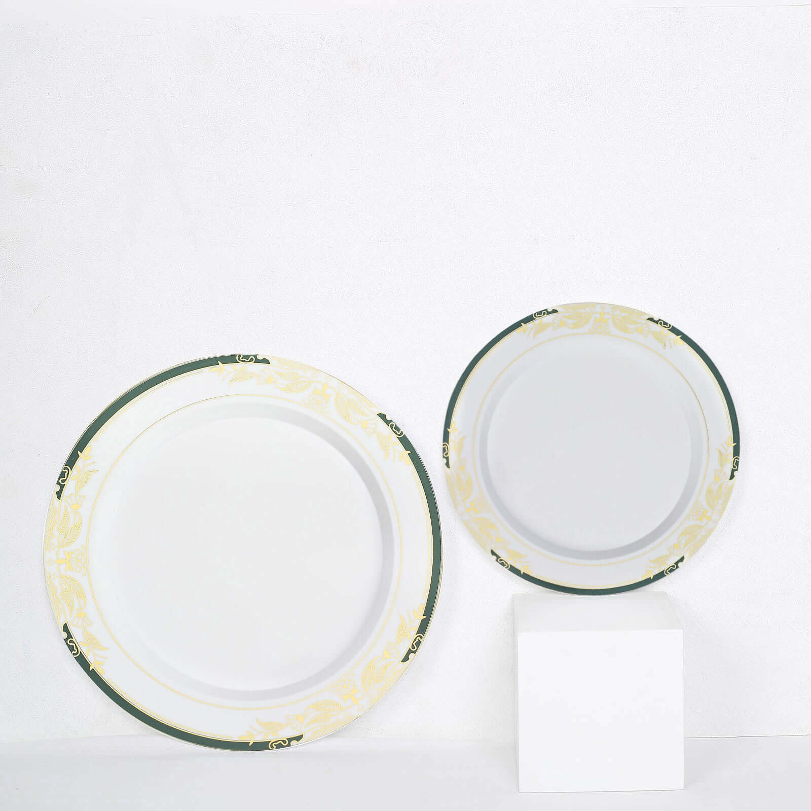10-Pack Plastic 8" Round Dessert Plates in White with Hunter Emerald Green Rim - Stylish Gold Vine Design Disposable Salad/Appetizer Plates for Special Occasions & Celebrations