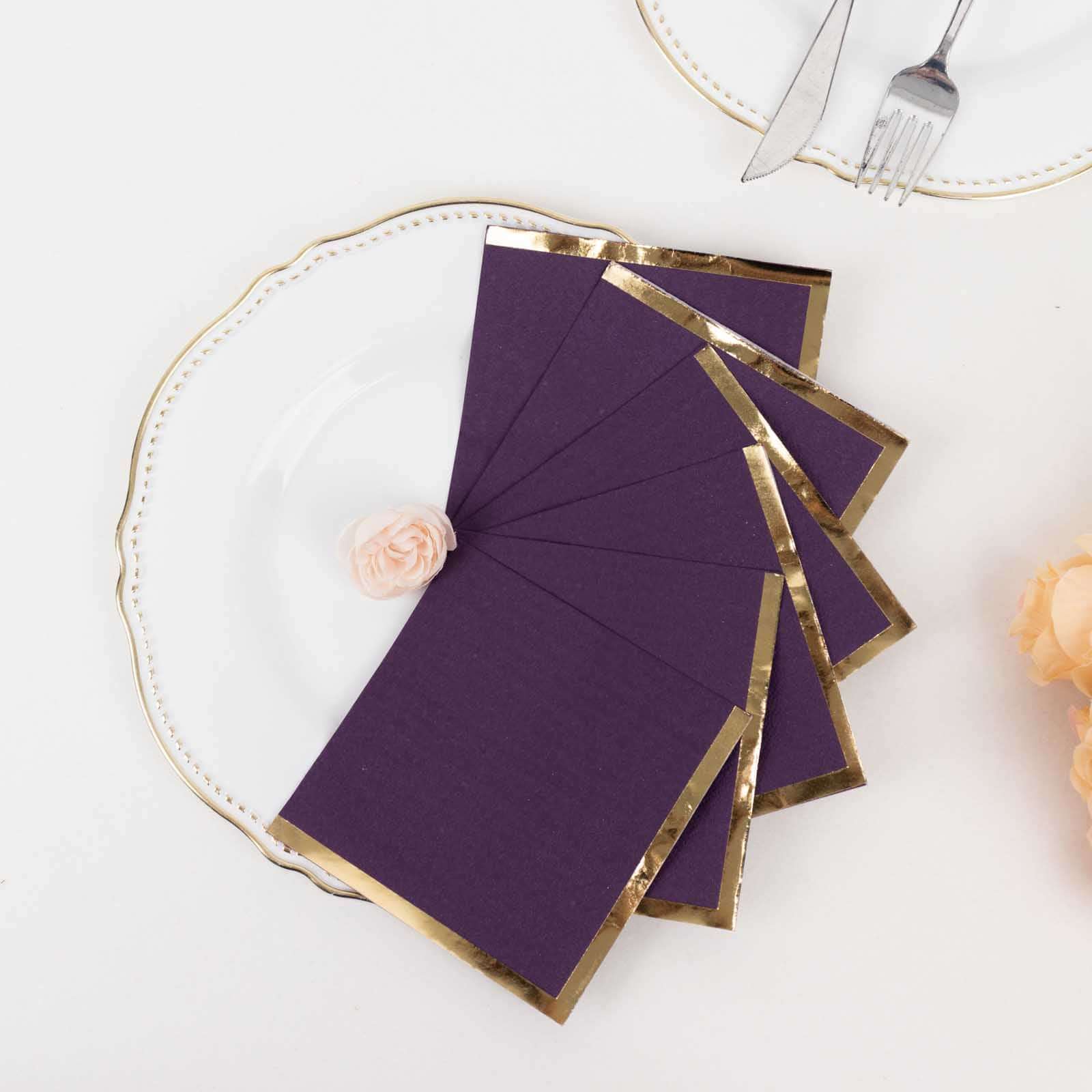 50-Pack Paper Beverage Napkins Purple with Gold Foil Edge - 2 Ply Disposable Soft 18GSM Cocktail Napkins 5"x5"