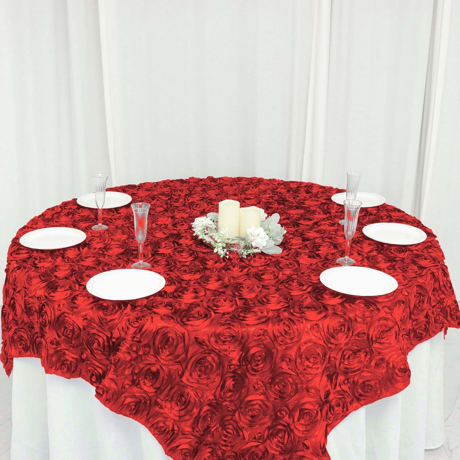 Satin 72"x72" Table Overlay Square Tablecloth Red - 3D Rosette Table Cover