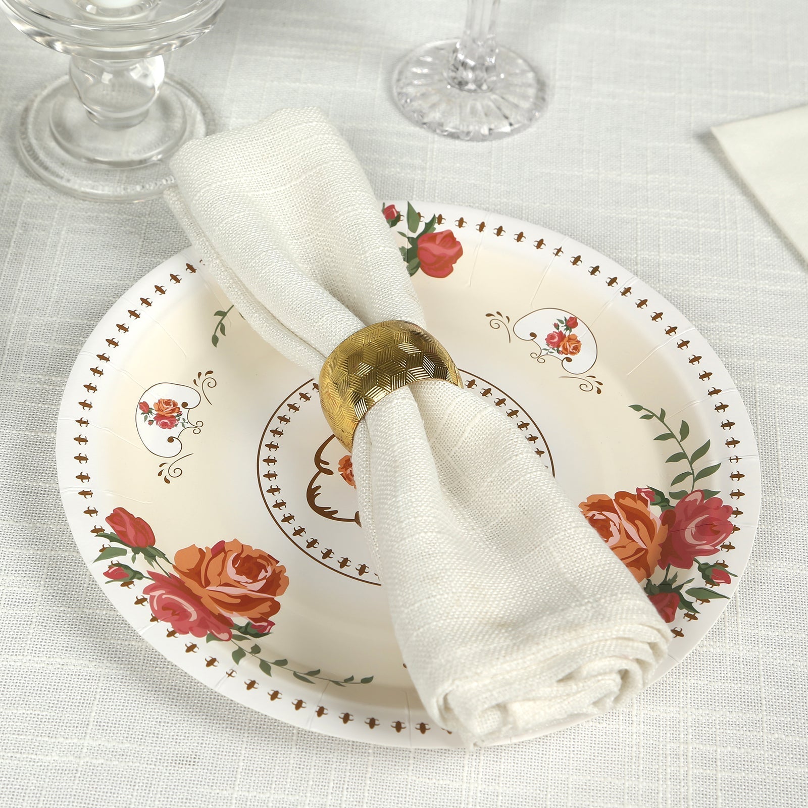 25-Pack Paper 9" Round Dinner Plates in Ivory with Vintage Rose Flower Print - Disposable Plates for High Tea Gatherings & Romantic Celebrations