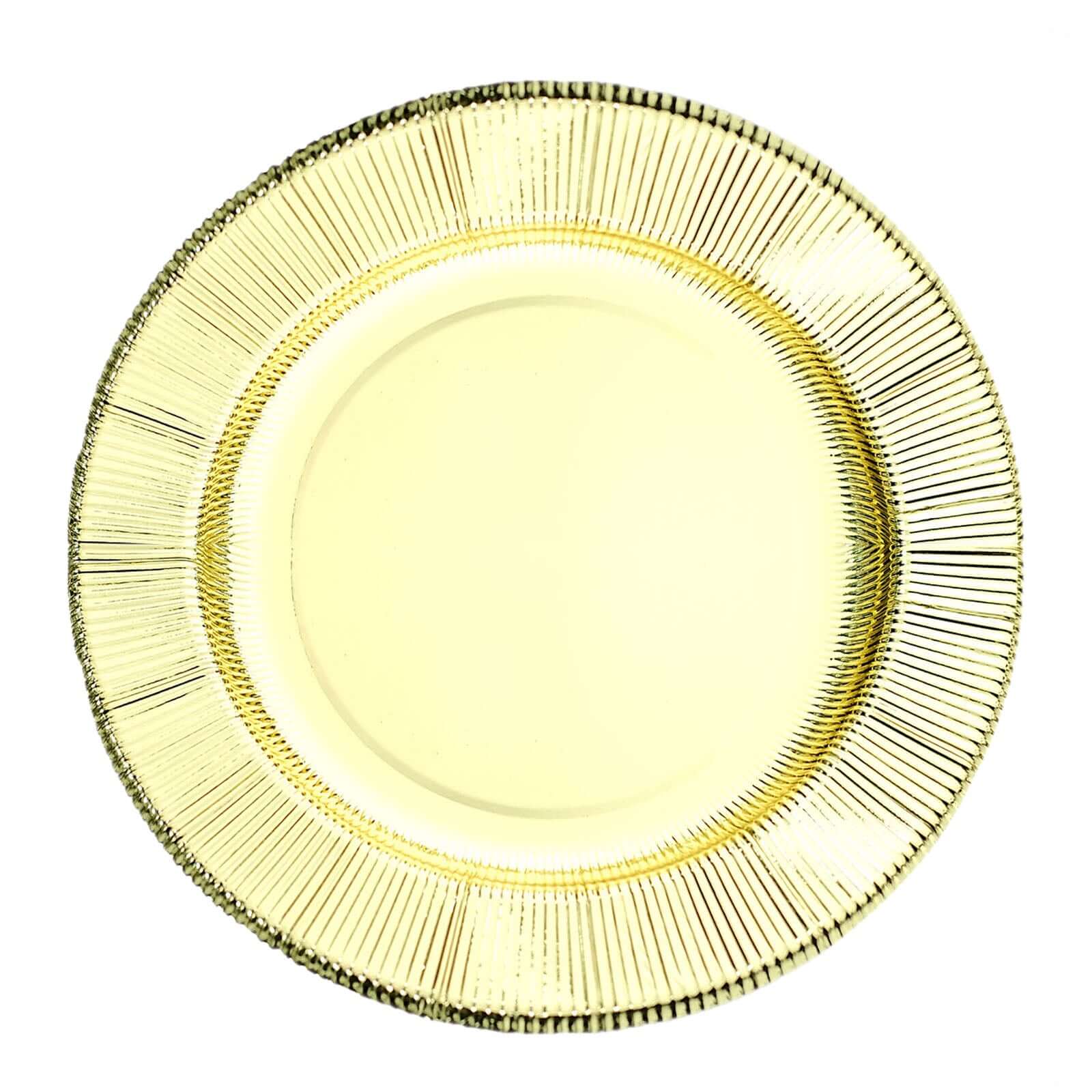25-Pack Disposable Round Charger Plates in Metallic Gold Sunray Design - 350GSM Heavy Duty Paper Chargers for Chic Table Settings 13"