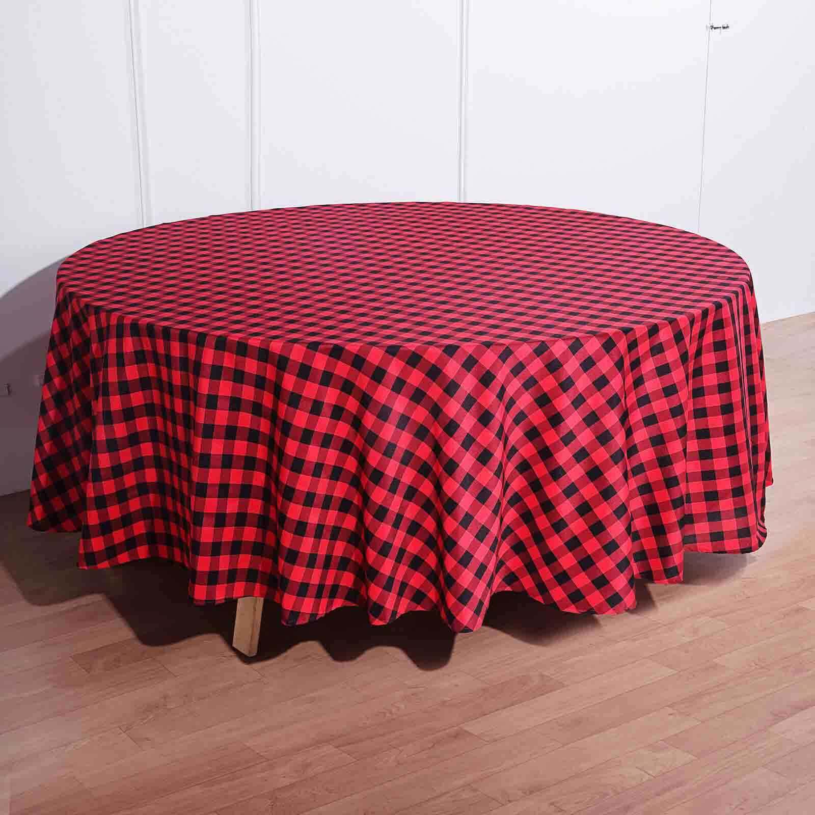 108" Black Red Buffalo Plaid Round Tablecloth, Checkered Gingham Polyester Tablecloth