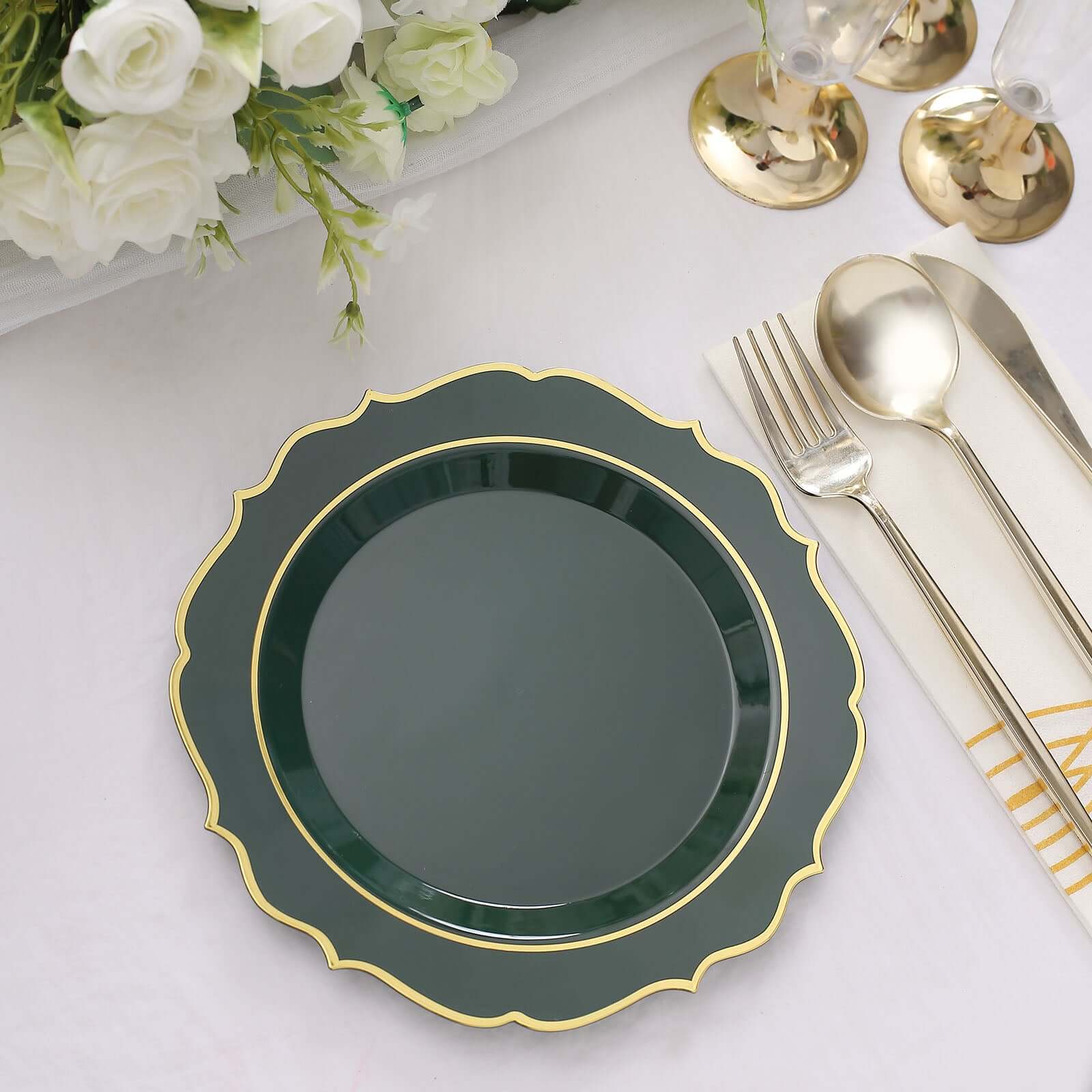 10-Pack Plastic 8" Round Desert Plates in Hunter Emerald Green with Gold Scalloped Rim - Disposable Appetizer/Salad Plates