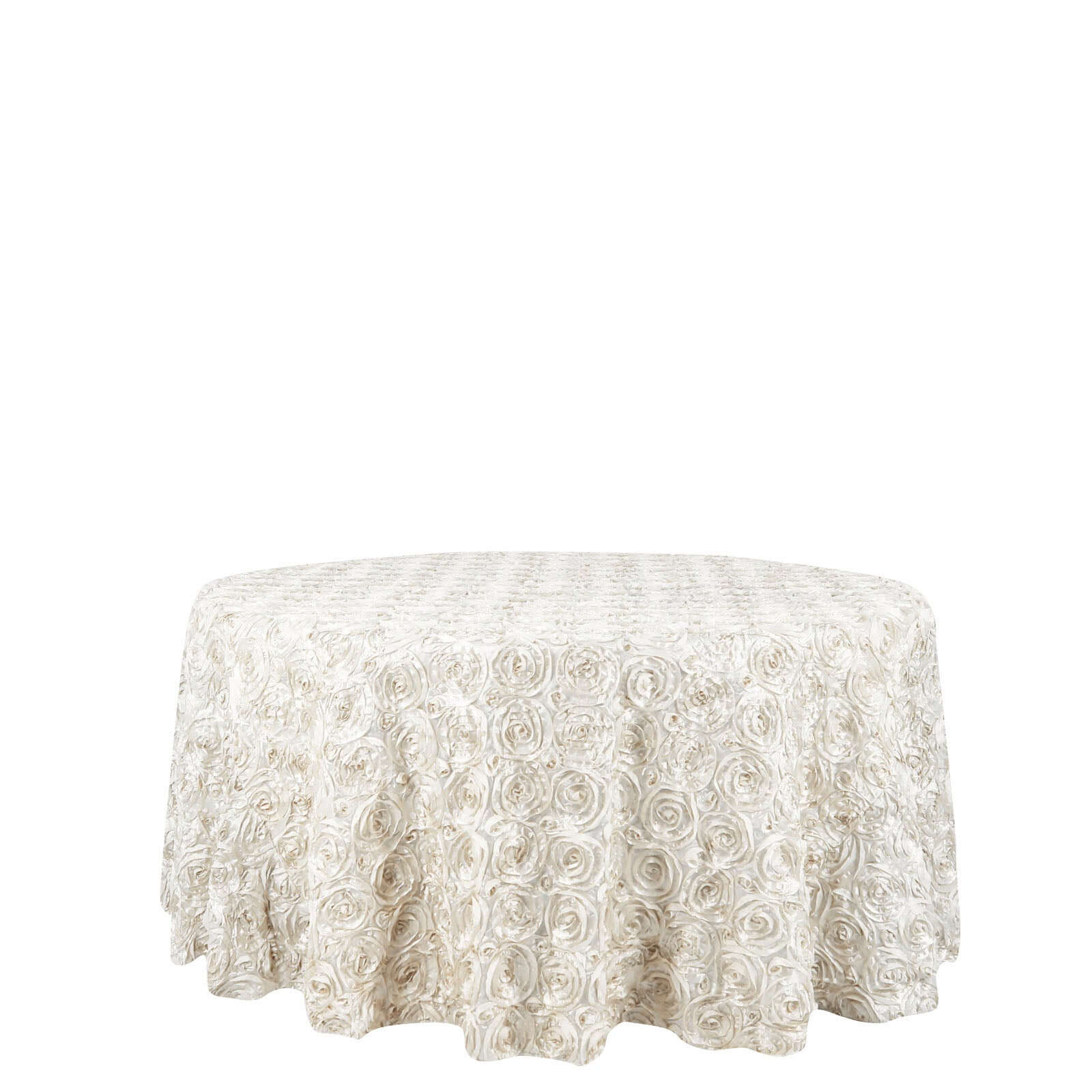 Satin 120" Round Tablecloth Ivory - Grandiose 3D Rosette with Seamless Finish Table Cover