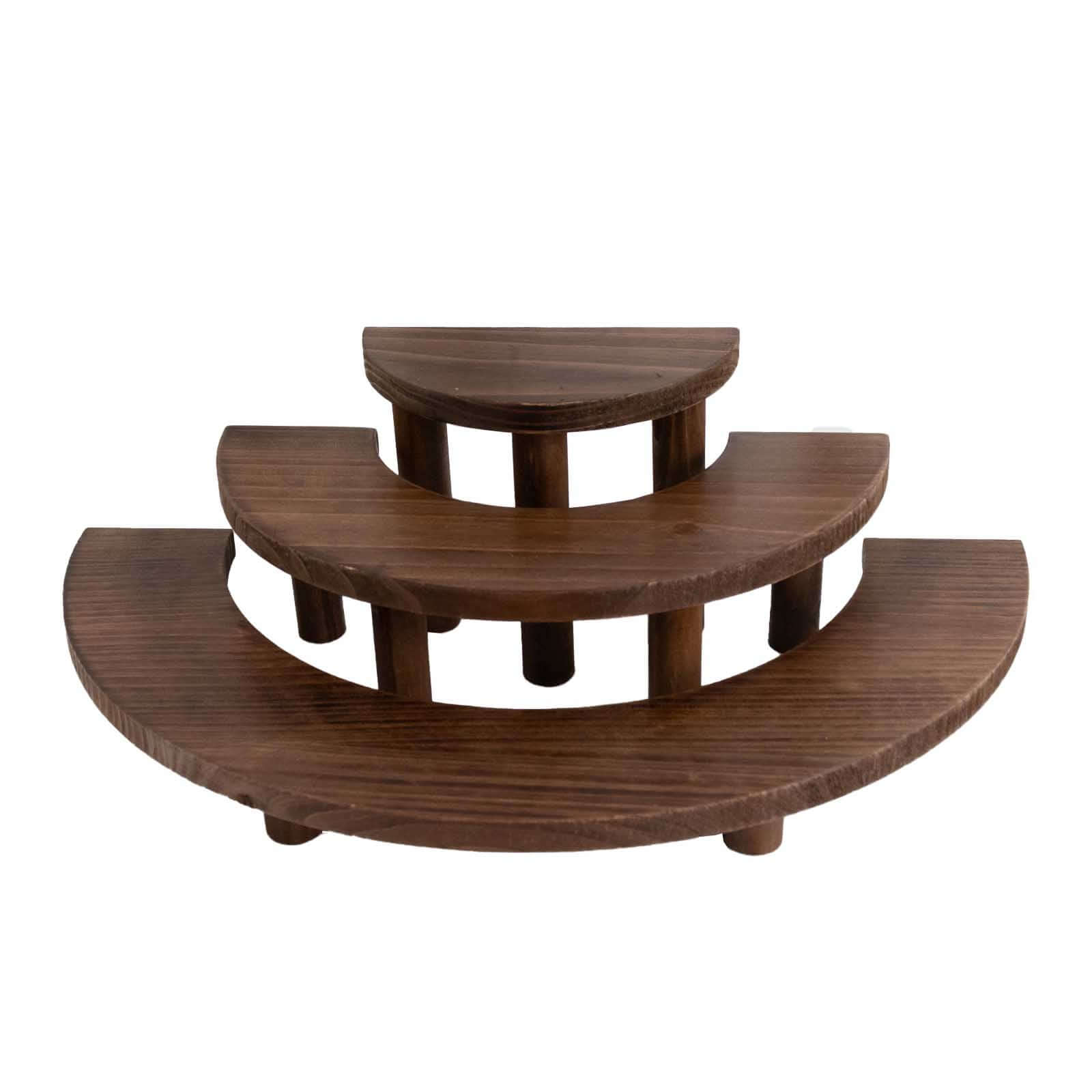 Set of 3 Wooden Dessert Pedestals Rustic Brown 3-Tier Semicircle Design - Half Moon Cupcake Display Risers 7", 13", 18"