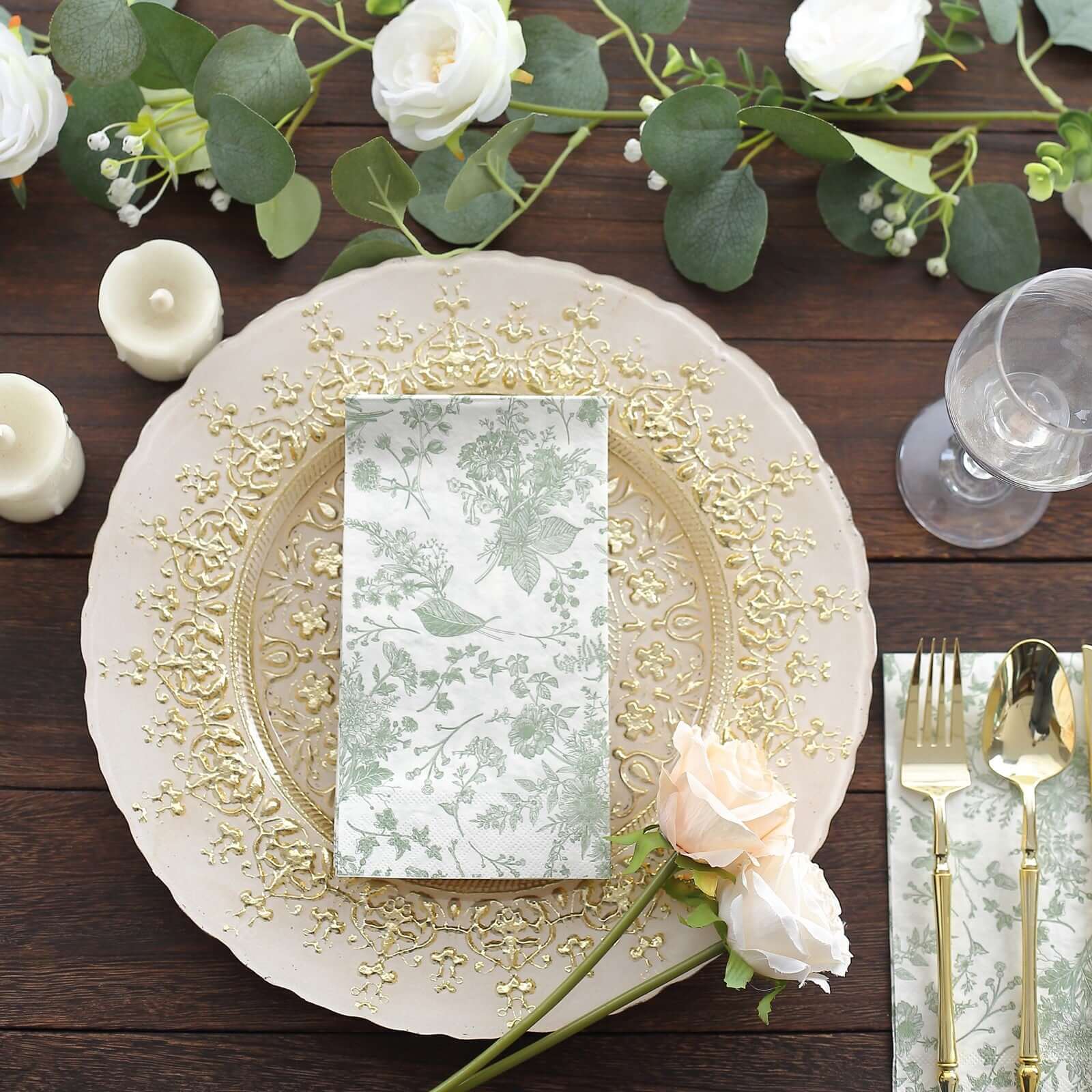 20-Pack Paper Dinner Napkins White/Sage Green with French Toile Pattern 2 Ply - Stylish Disposable Napkins for Parties