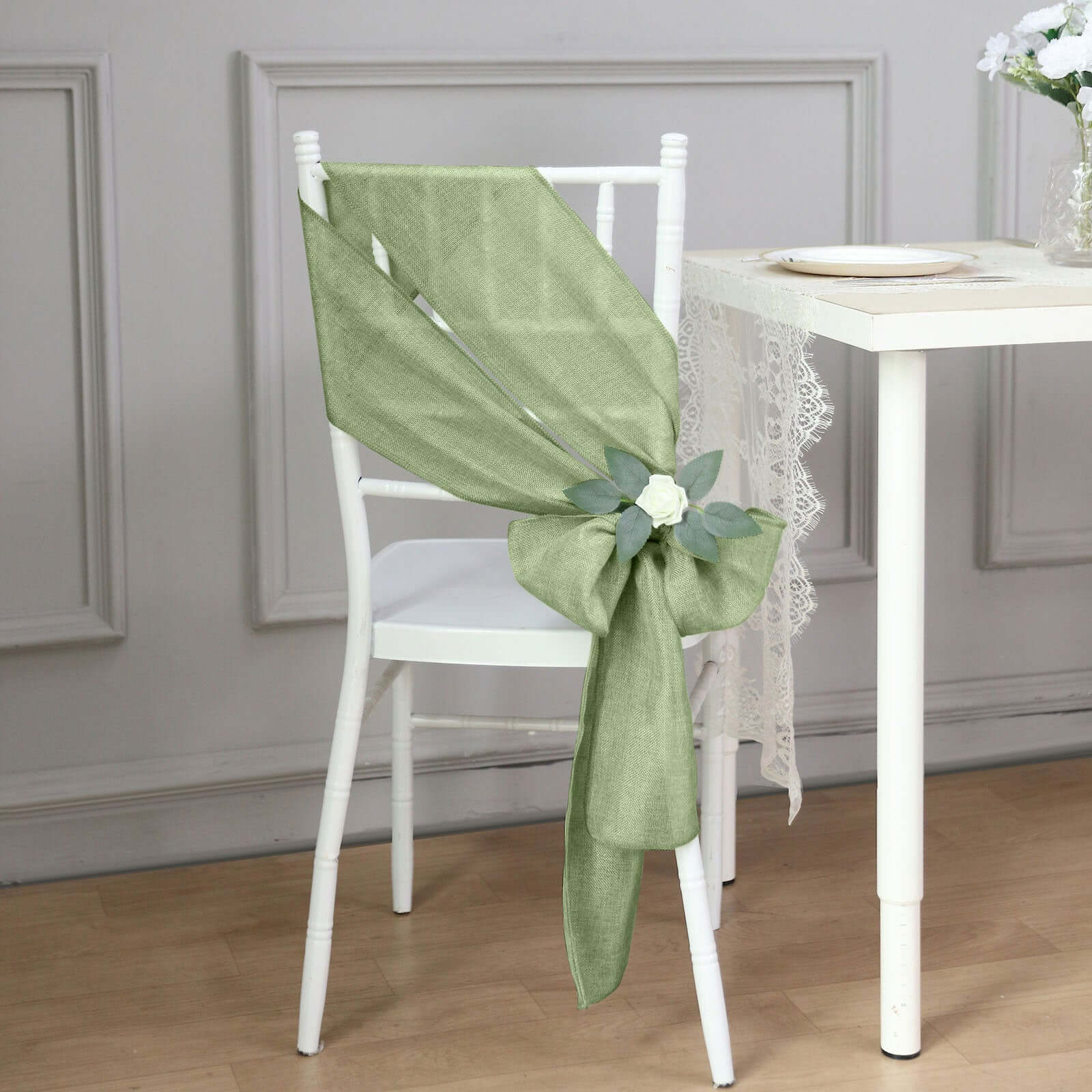 5 Pack Jute Faux Burlap 6"x108" Chair Sashes Sage Green - Boho Chic Linen Decor
