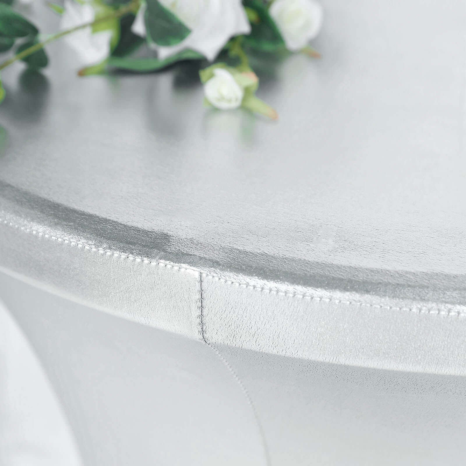 Metallic Spandex 32" Fitted Round Cocktail Table Cover Silver Highboy Tablecloth - Stretch Fit & Water-Resistant