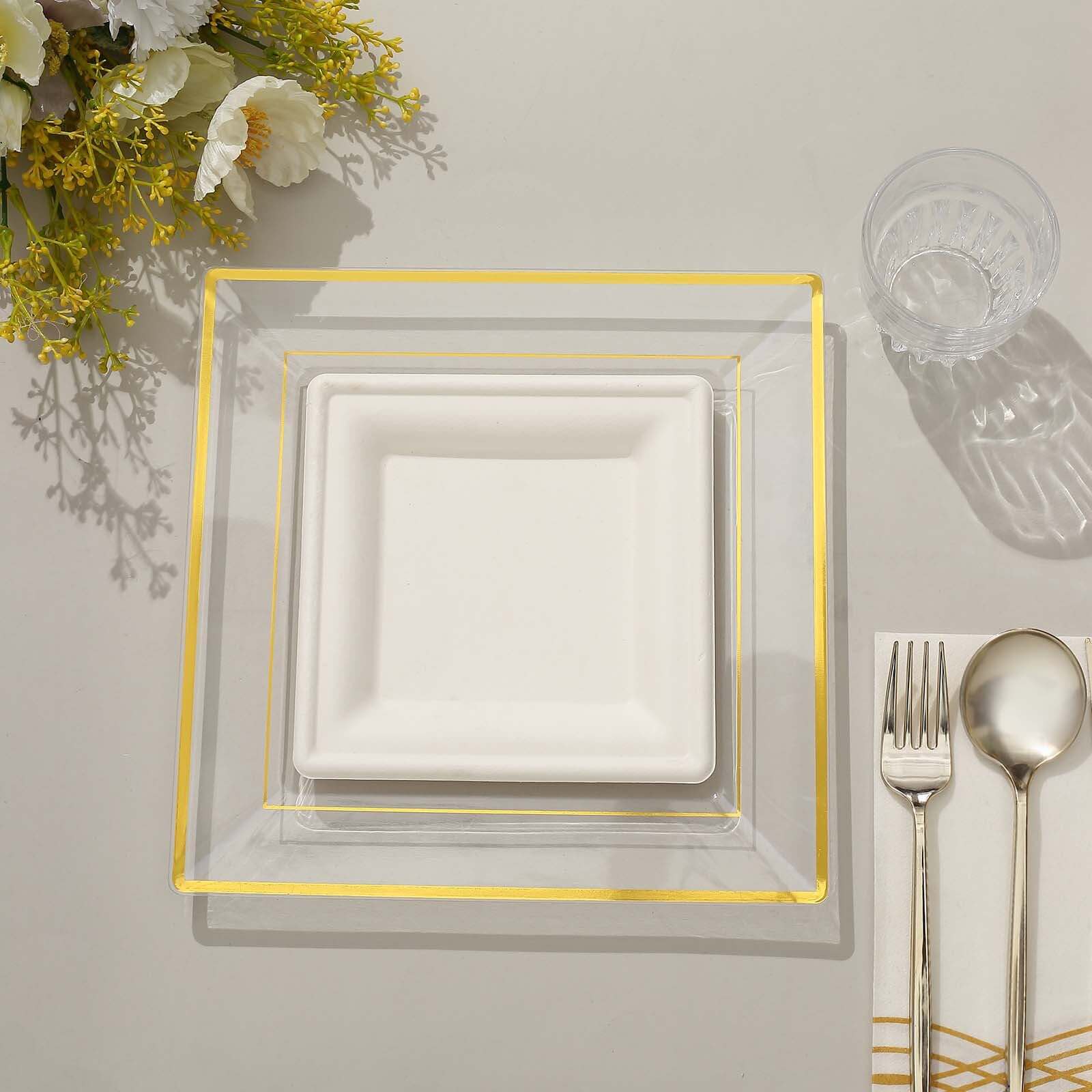 10 Pack 10" Gold Trim Clear Square Disposable Dinner Plates, Plastic Party Plates