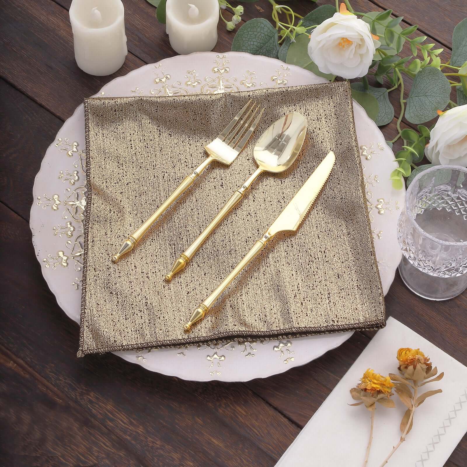 5 Pack Polyester 20"x20" Napkins Antique Gold Shimmer Sequin Dots - Luminous Cloth Napkins