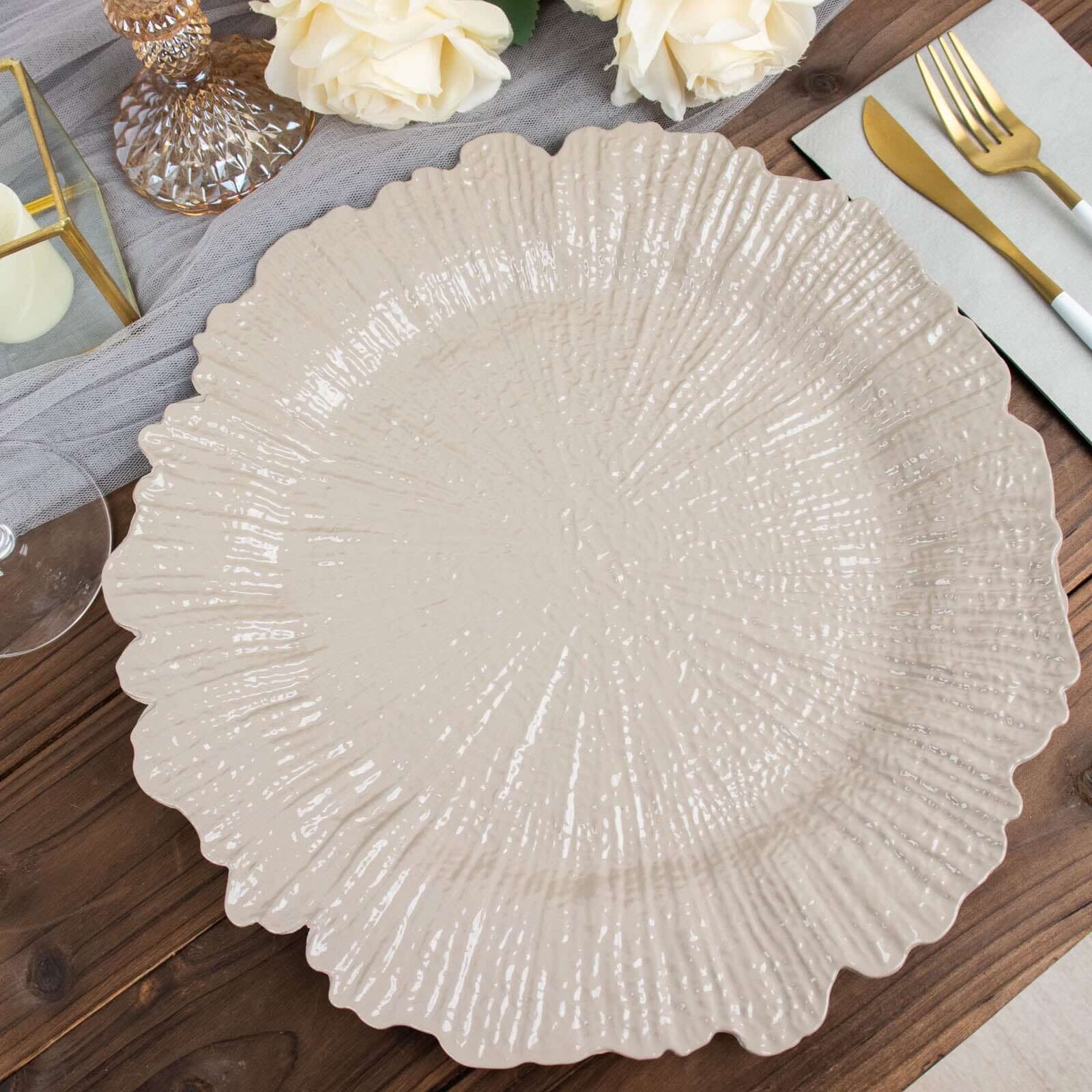 6-Pack Acrylic Plastic Round Charger Plates 13" in Taupe with Reef Design, Dinner Charger Tableware