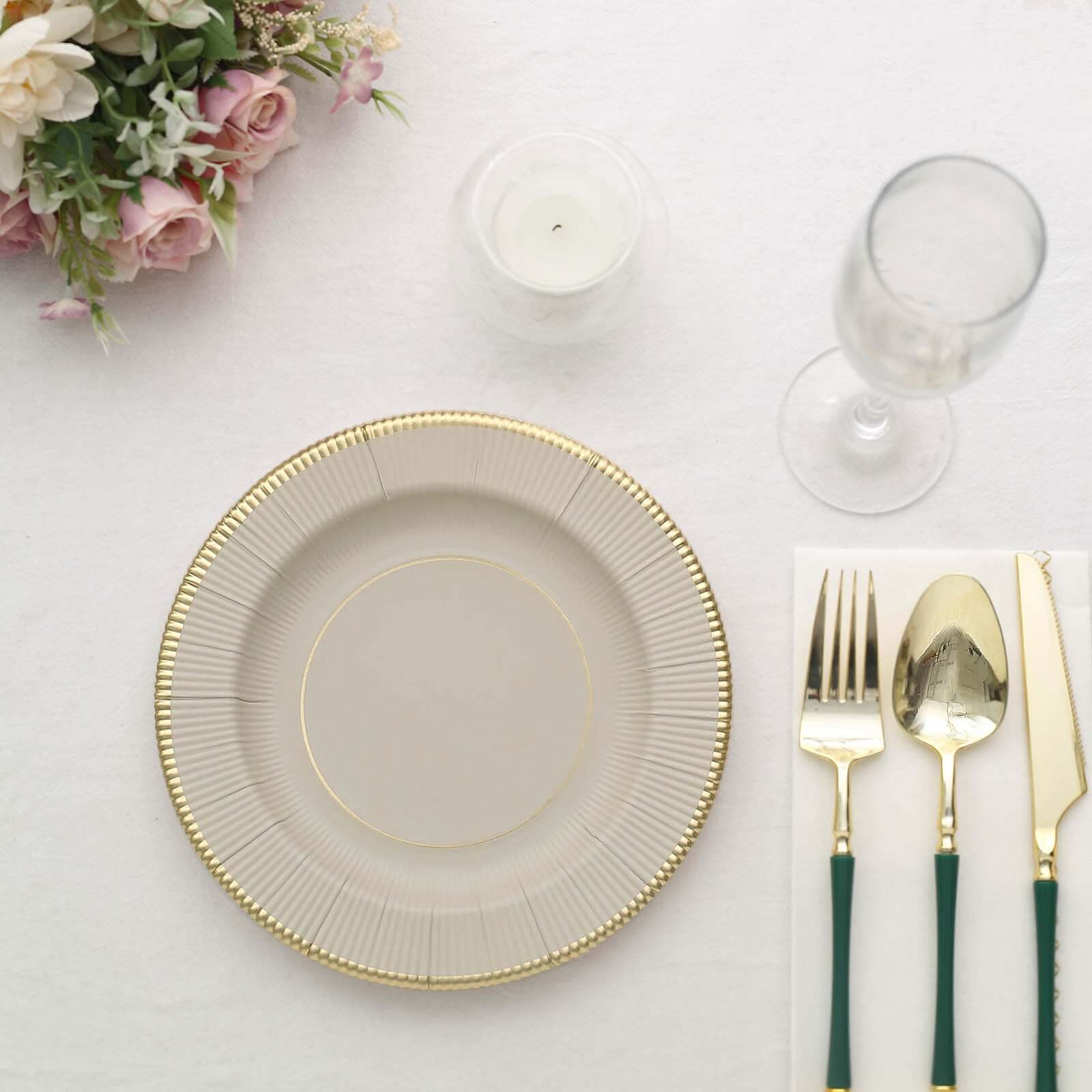 25-Pack Paper 8" Round Dessert Plates in Taupe Sunray Design with Gold Rim - Disposable Heavy Duty 350GSM Appetizer Salad Plates