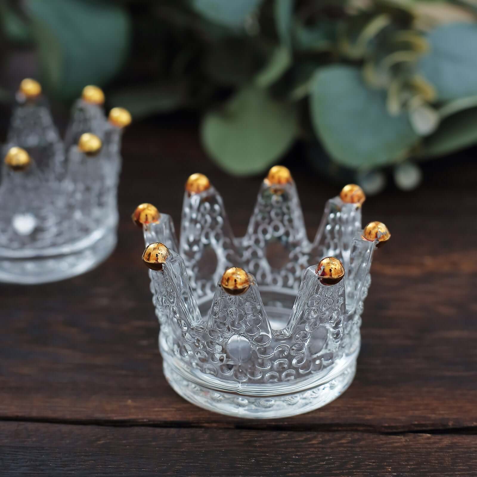 6-Pack Glass Crown Votive Candle Holders Clear Crystal Design with Gold Beaded Tips - Tea Light Holders 3"x2"