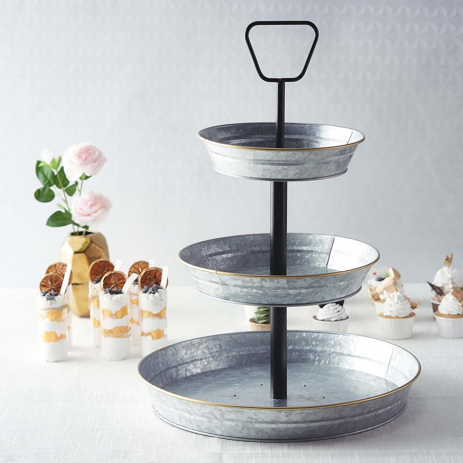 3-Tier Galvanized Metal Cupcake Stand 20" Silver - Sturdy Dessert Serving Tray Platter for Rustic Themed Weddings Backyard Parties & Holiday Spreads