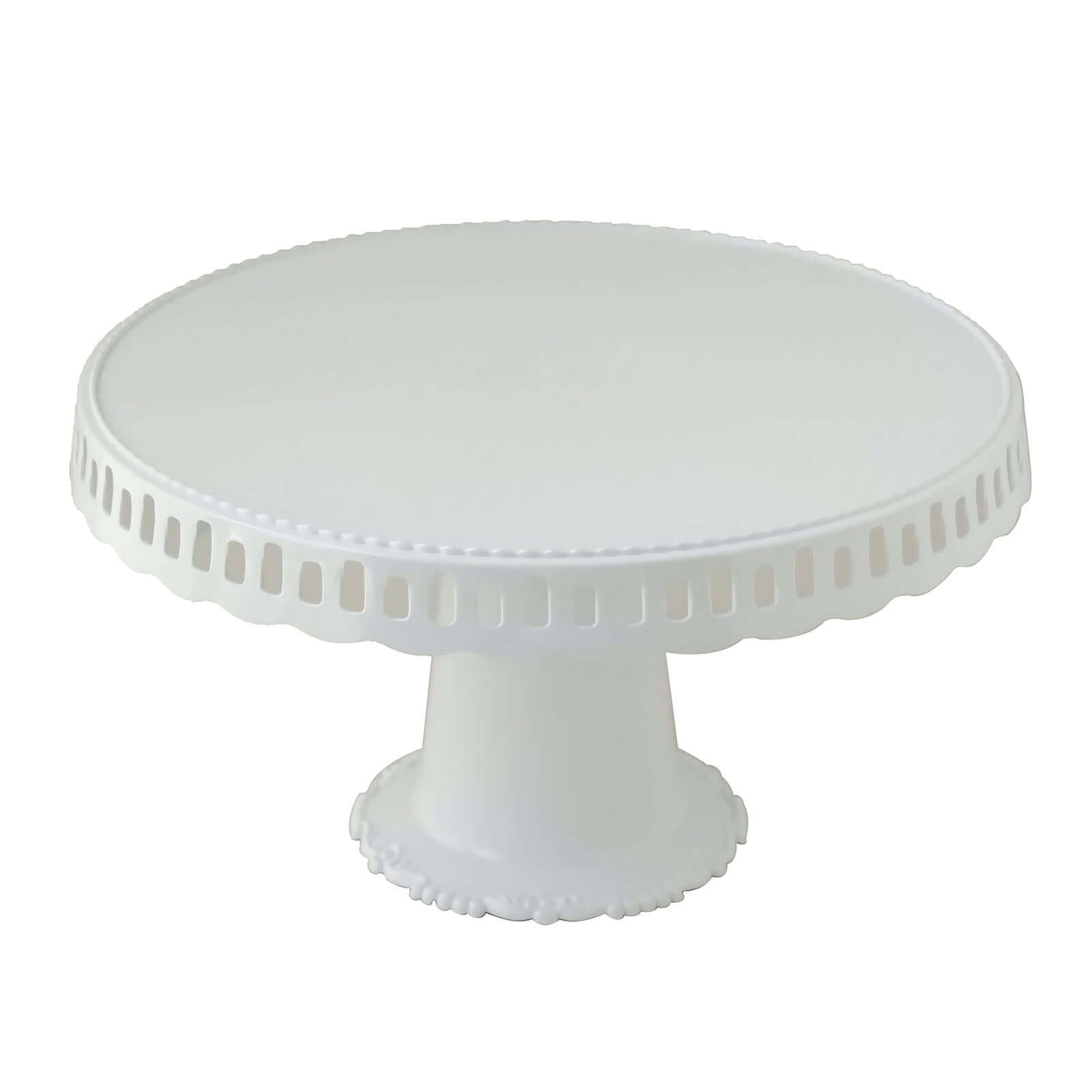 4-Pack Plastic Round Pedestal Cake Stands White - Reusable Cupcake Pastry Display Risers with Hollow Ribbon Trim Edges for Stylish Dessert Presentation 13"