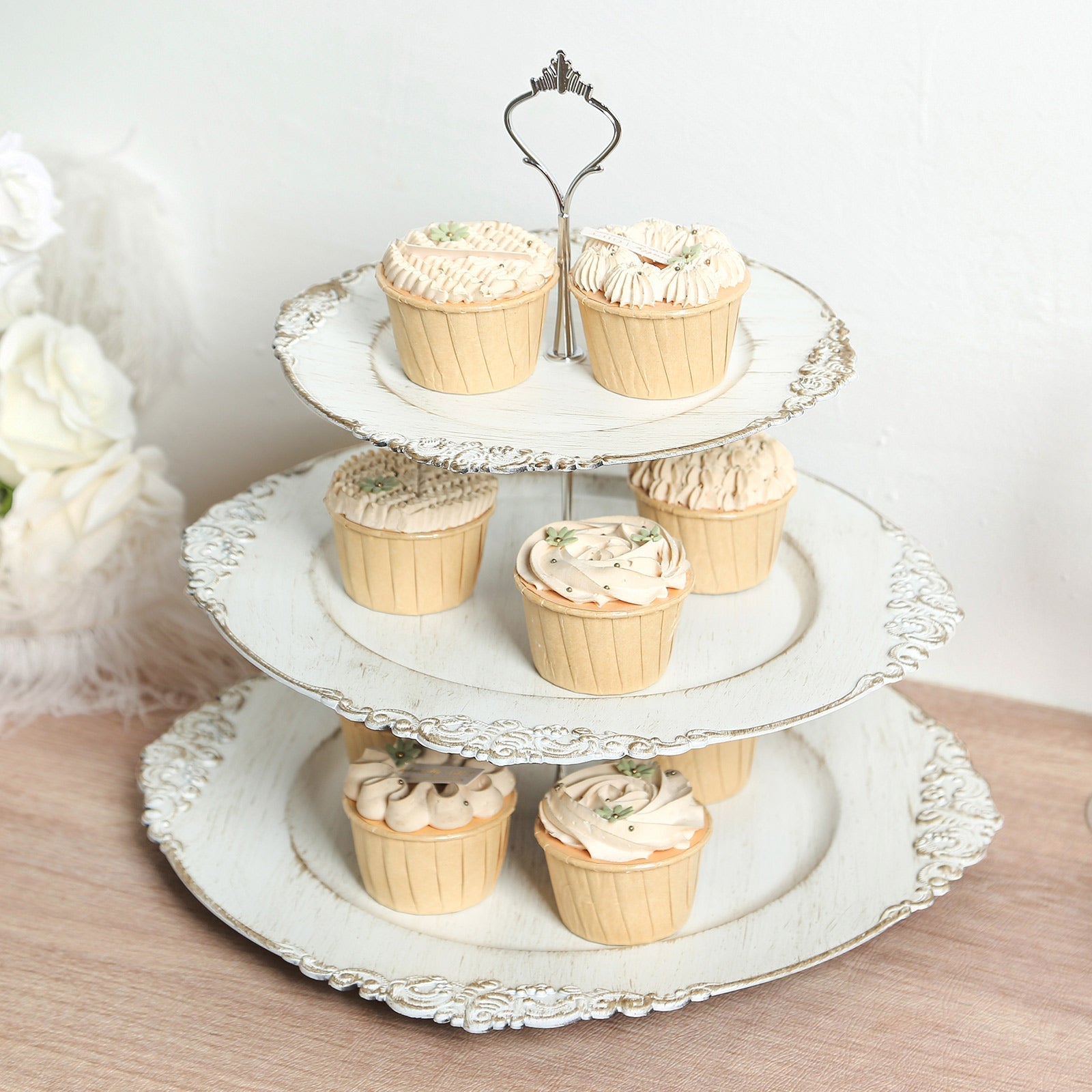 3-Tier Plastic Round Cupcake Stand Whitewashed - Vintage-Inspired Reusable Dessert Display Holder Tea Party Serving Tray Platter with Antique Gold Baroque Rim & Top Handle 13"