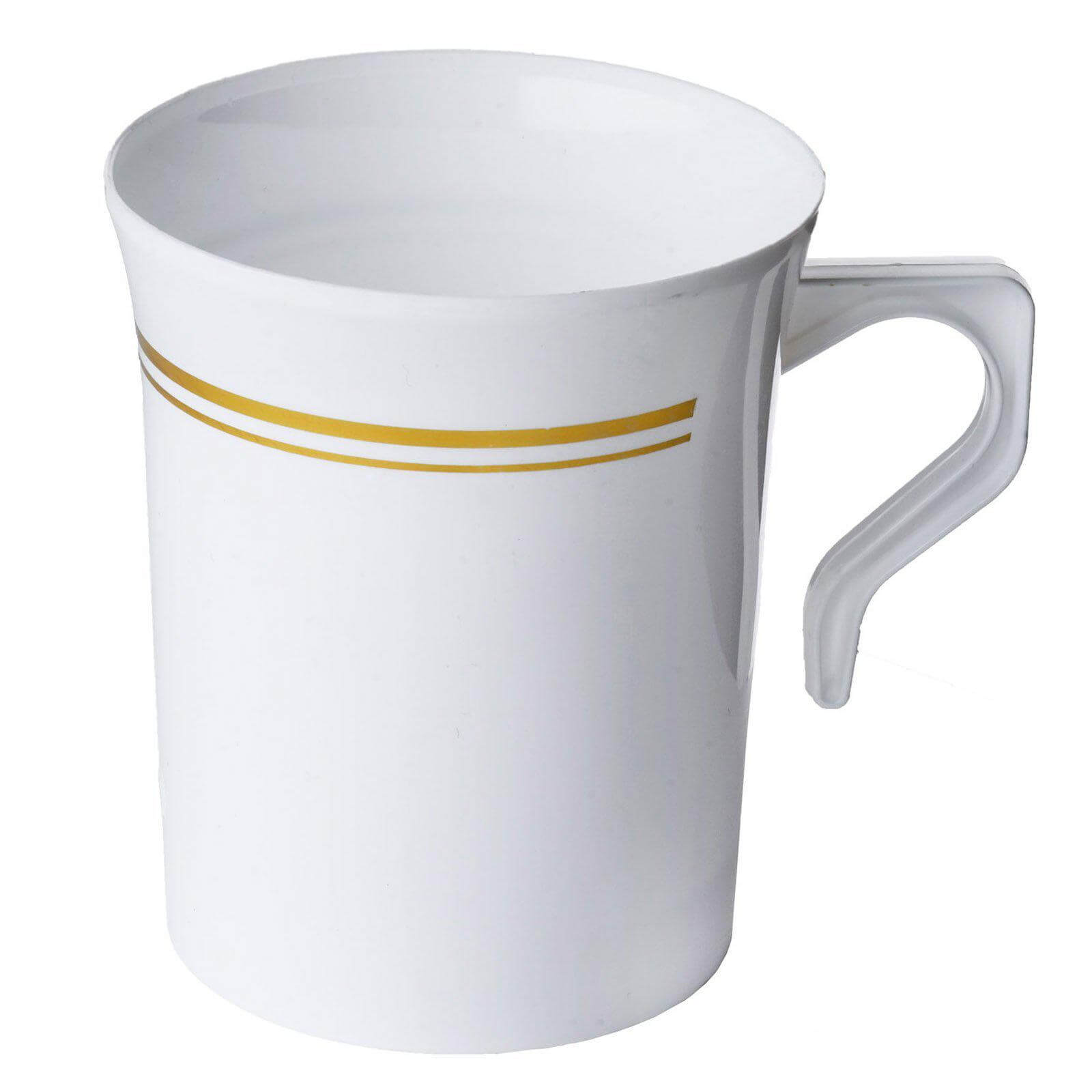 8-Pack Plastic Coffee Mugs White with Gold Stripes - Sturdy Disposable Cups for Coffee and Tea 8oz 3.5"