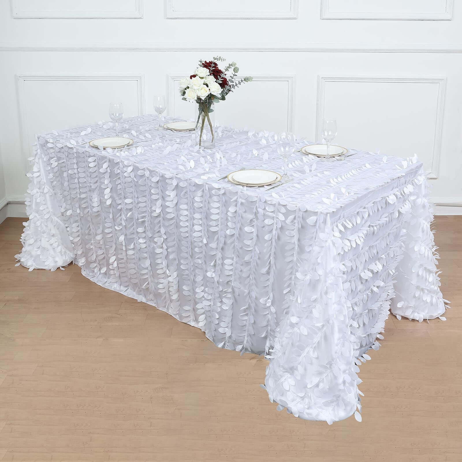 Taffeta 90"x132" Rectangle Tablecloth White | 3D Leaf Petal Design Seamless Table Cover for Stylish Wedding & Event Decor