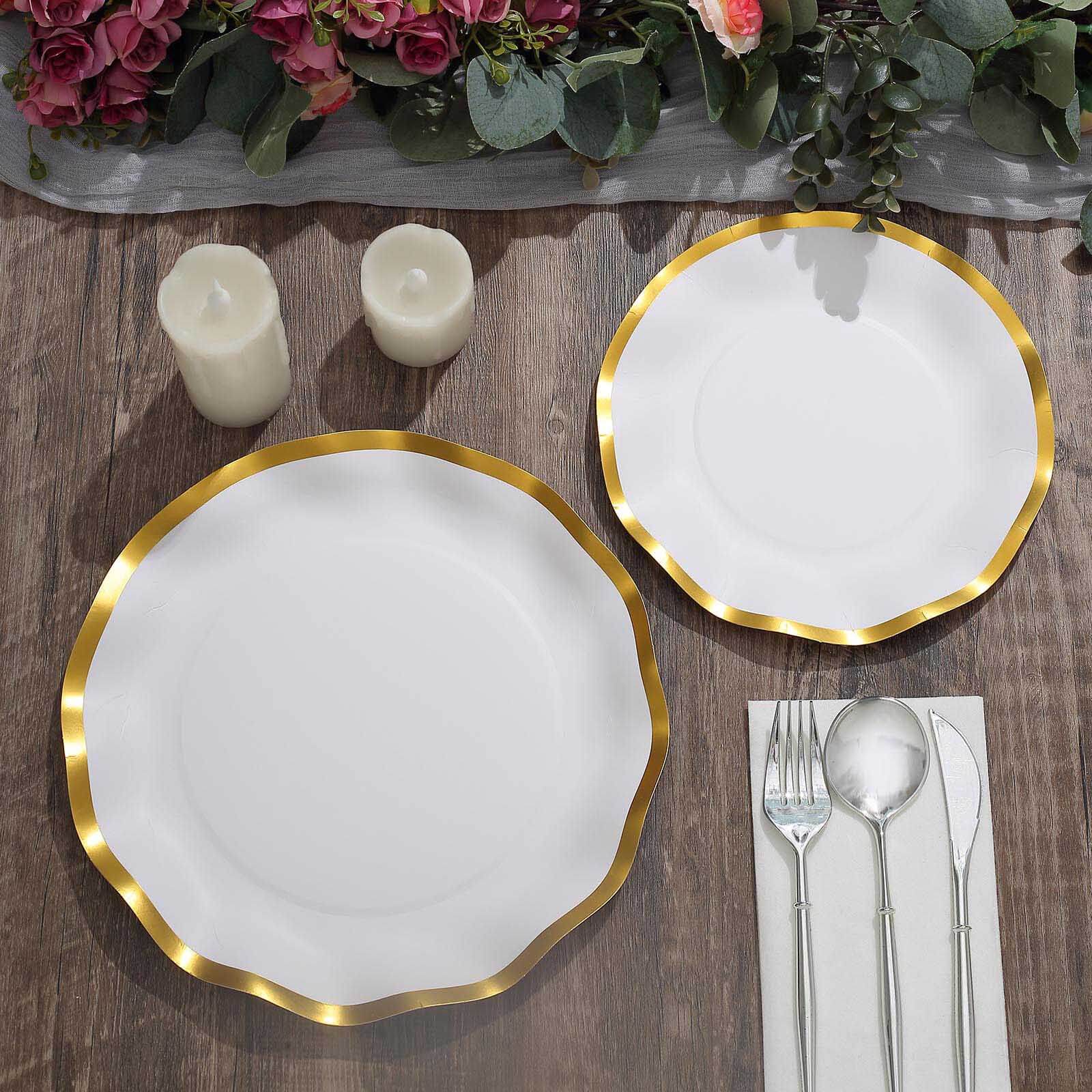25-Pack Paper Round Dessert Plates 8" Matte White with Gold Wavy Rim - Disposable 350GSM Salad Plates for Banquets & Upscale Gatherings