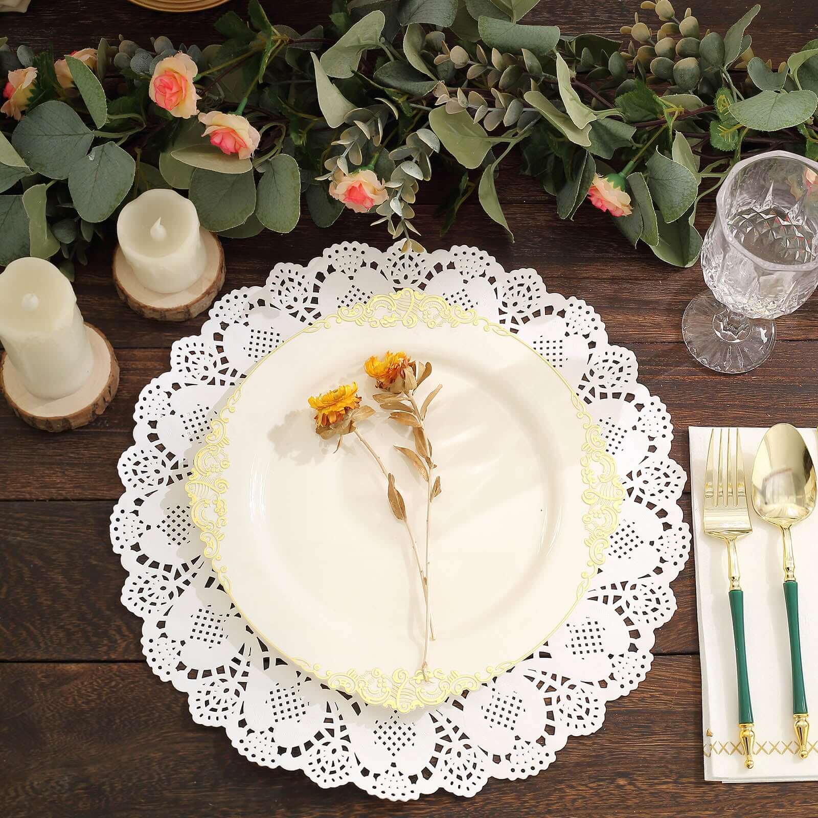 100 Pcs Paper 12" Round Placemats in White - Food Grade Lace Paper Doilies for Dessert Display & Table Decor