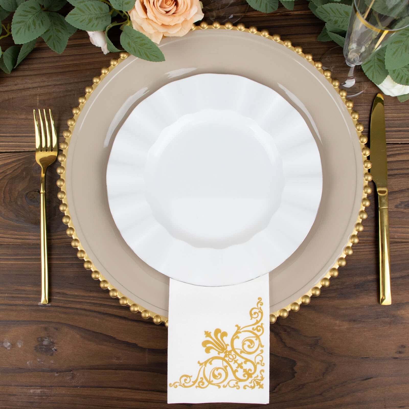 25 Pack White Linen-Feel Dinner Paper Napkins with Gold Fleur Vintage Print, Premium Cloth-Like Airlaid Disposable Napkins, Soft and Absorbent Guest Towels