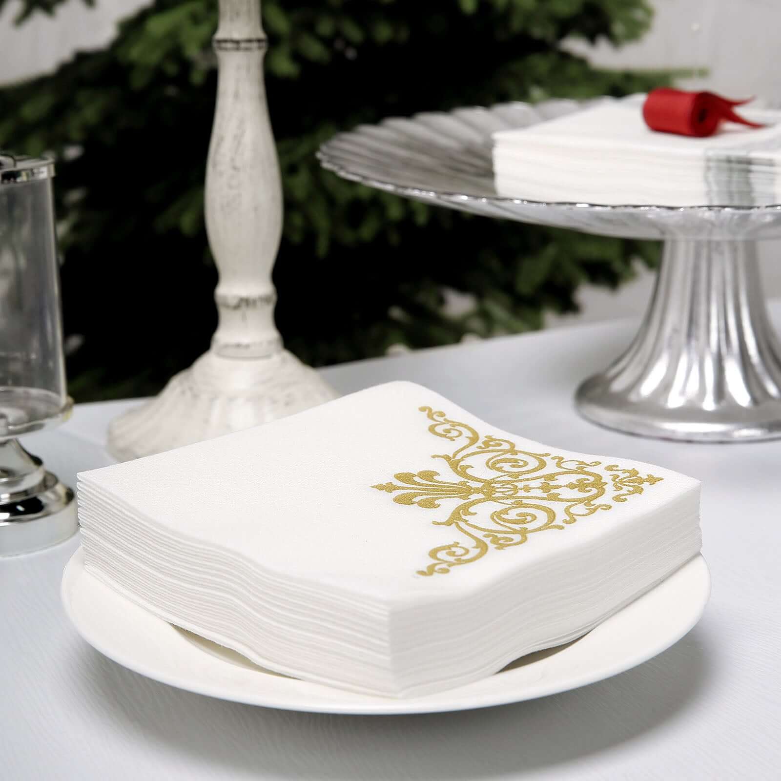 20 Pack Linen-Like Paper 5"x5" Napkins White - Gold Fleur Vintage Airlaid Cocktail Napkins