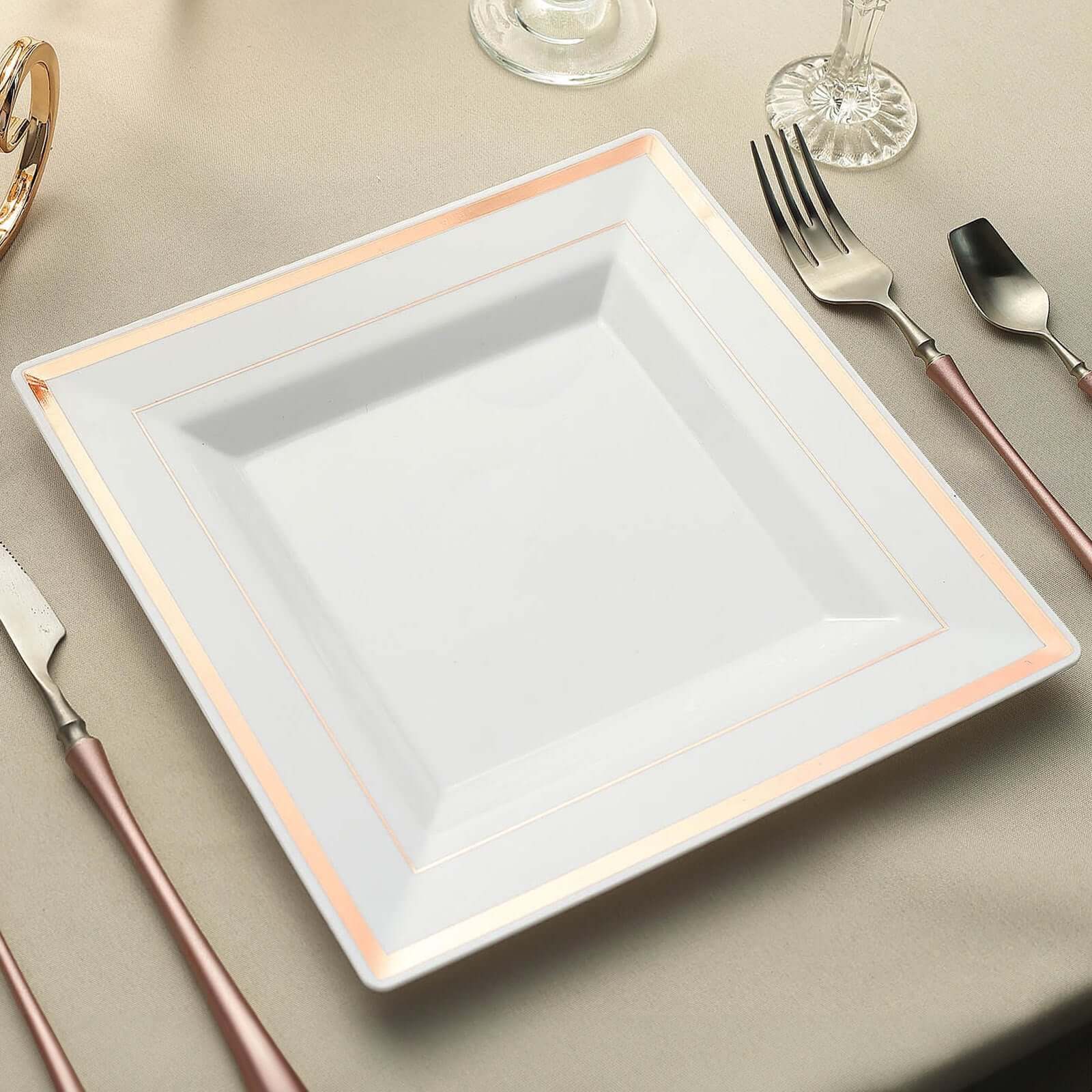 10-Pack Plastic Dinner Plates White Square with Rose Gold Trim - Lightweight Disposable Plates for Events 10"