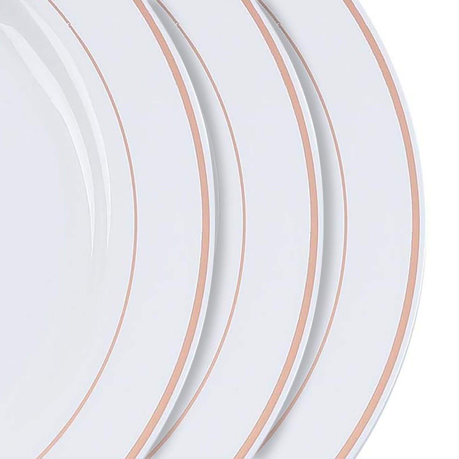 10-Pack Plastic Dessert Plates White with Très Chic Rose Gold Rim - Disposable Plates for Parties 8"