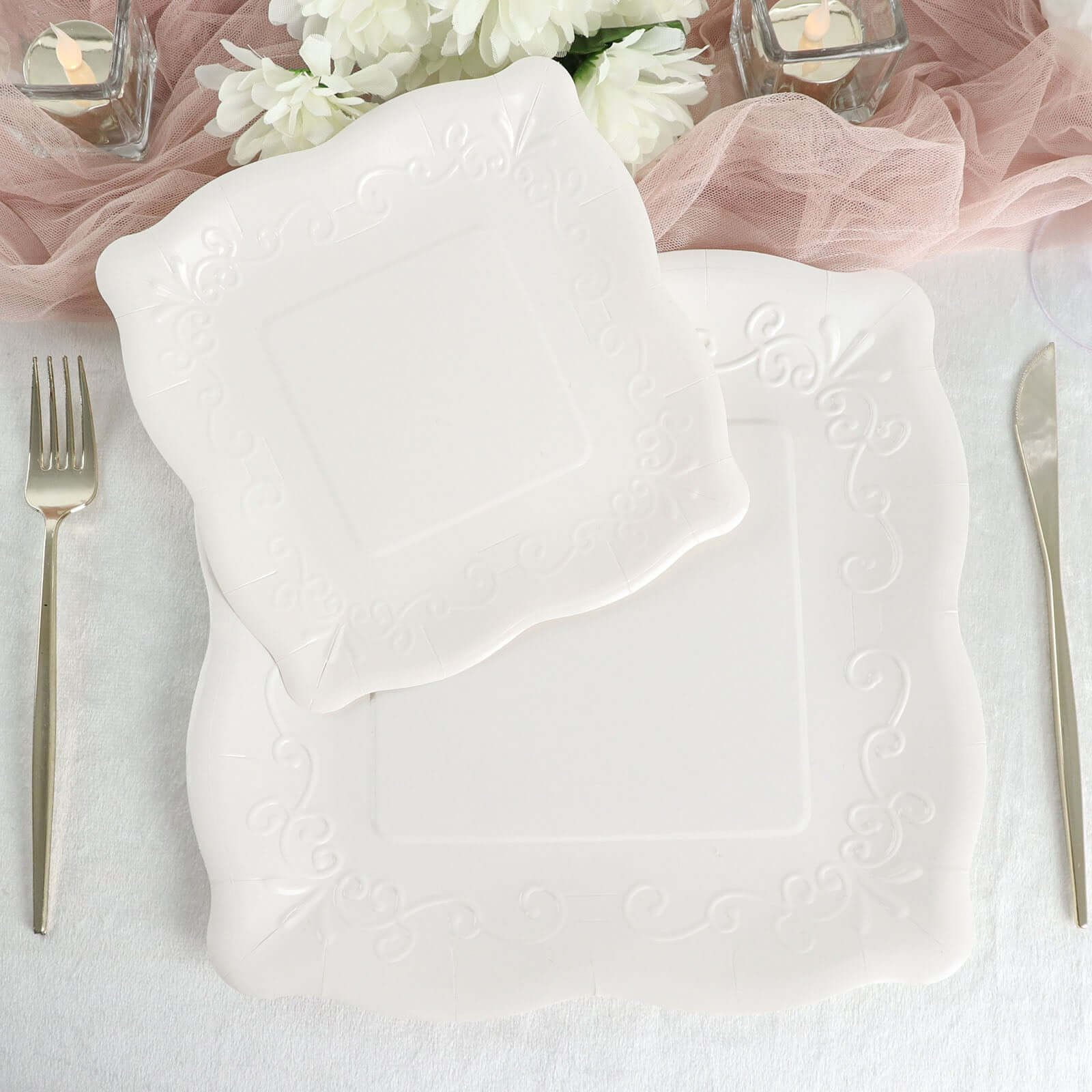 25-Pack Paper 7" Square Dessert Plates in White with Vintage Pottery Embossed Design - Shiny Disposable Appetizer Plates