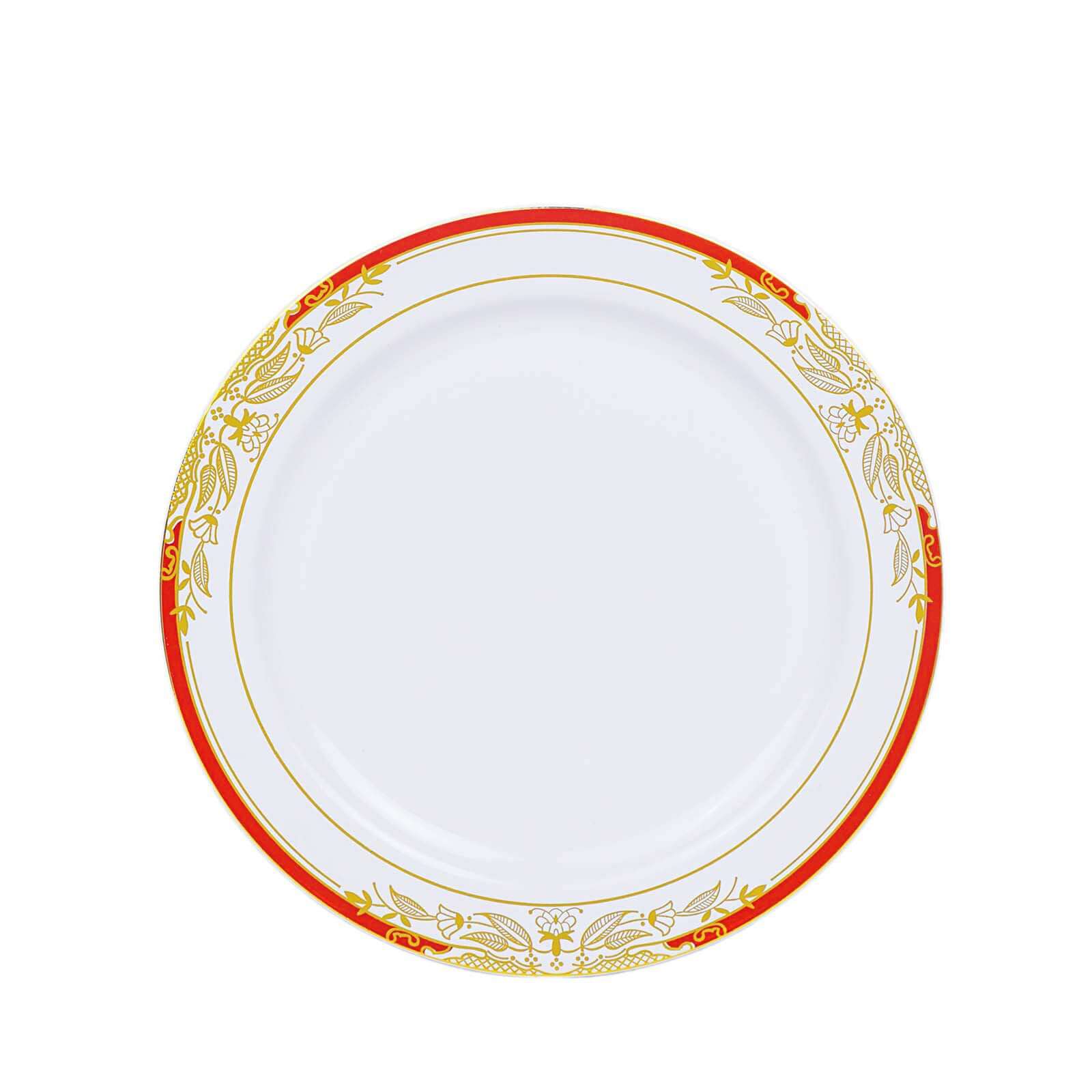 10-Pack Plastic 8" Round Dessert Plates in White with Red Rim - Stylish Gold Vine Design Disposable Salad/Appetizer Plates for Special Occasions & Celebrations