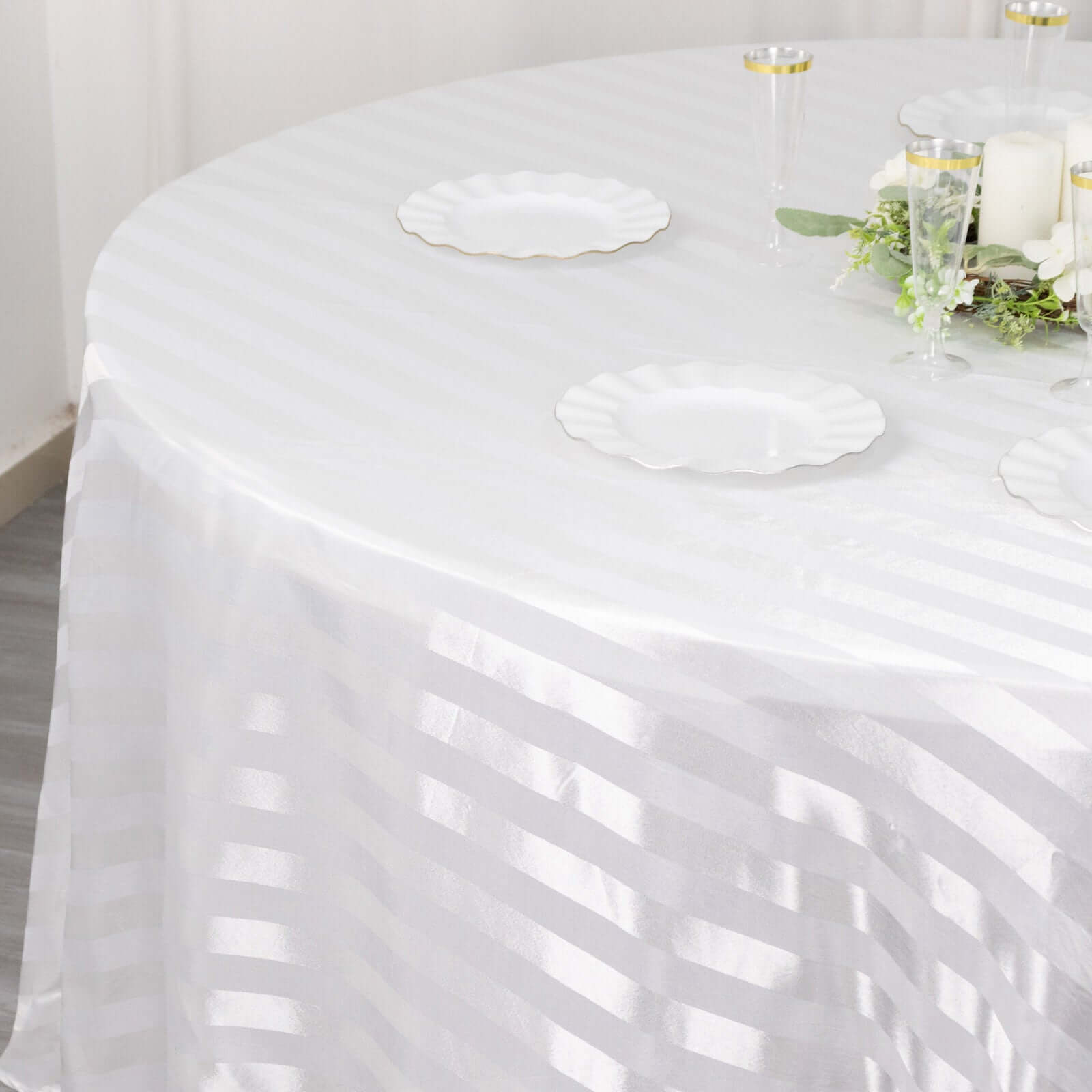 Satin Striped 120" Round Tablecloth White Satin Stripe - Silky Smooth Seamless Wedding Decor