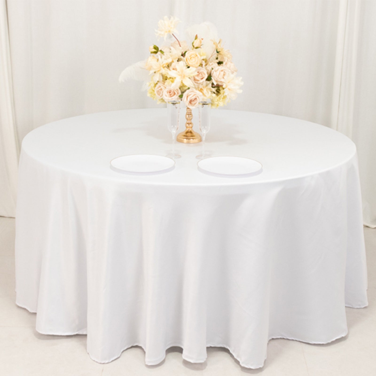 Lamour Satin 120" Round Tablecloth White - Seamless Table Cover with Soft Tempered Sheen for Upscale Gatherings