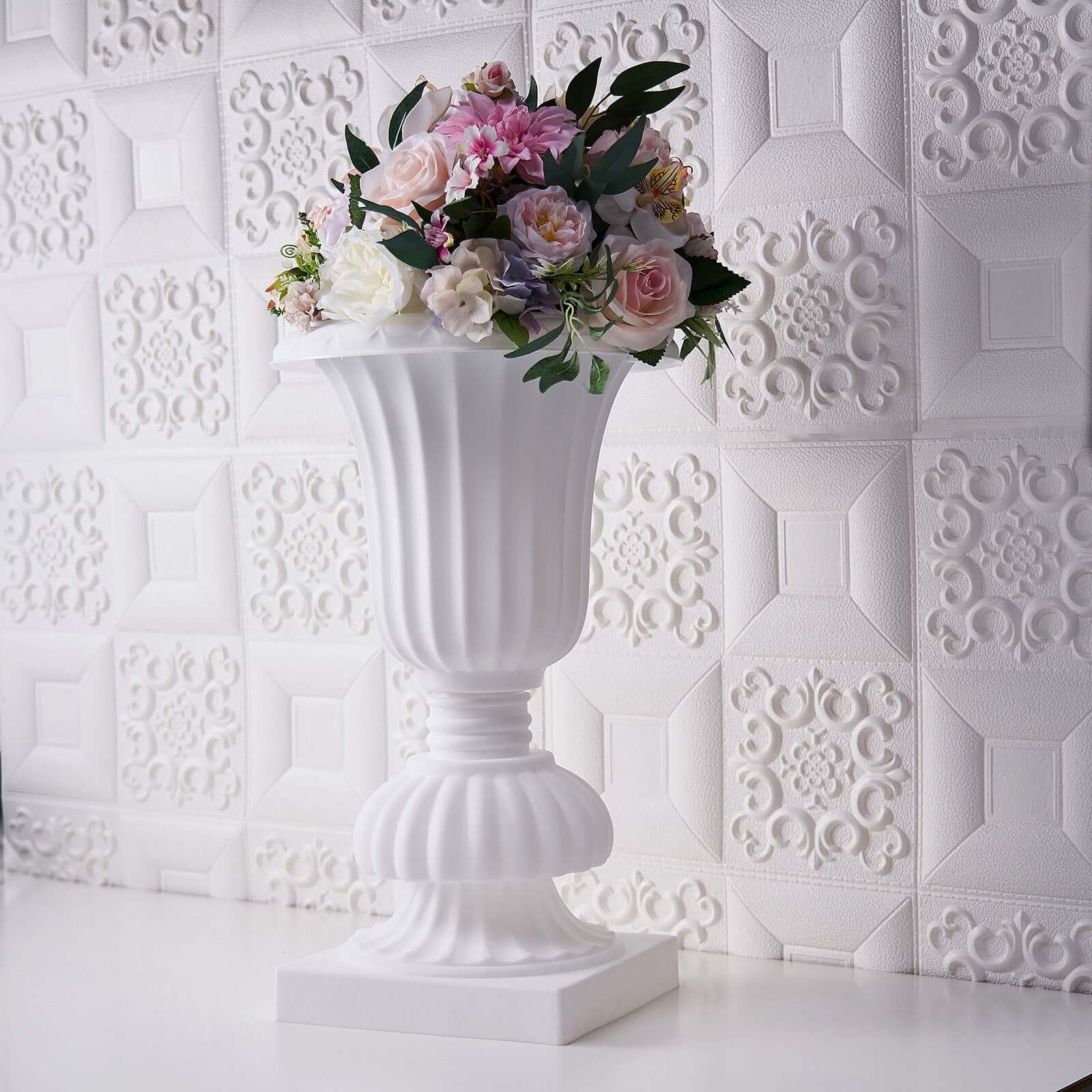 2 Pack 20" White Urn Planter, Floral Pedestal Flower Pot Plant Stand - PVC