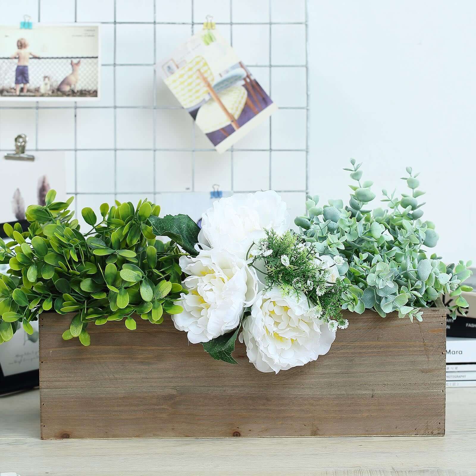 Natural Wood Planter Rectangular Box 18"x6"- Durable Decor with Removable Plastic Liner for Table Displays