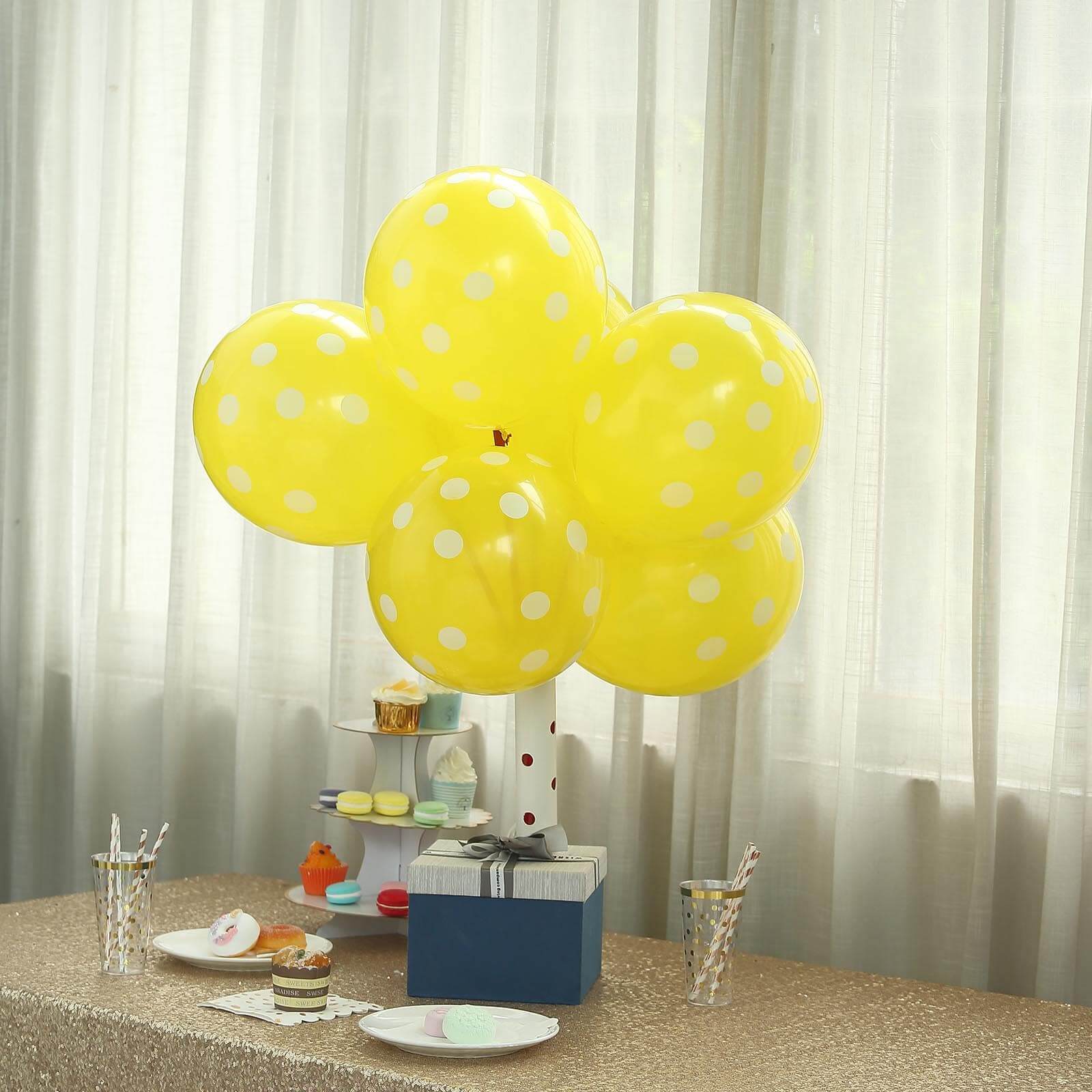 25 Pack 12" Yellow and White Fun Polka Dot Latex Party Balloons