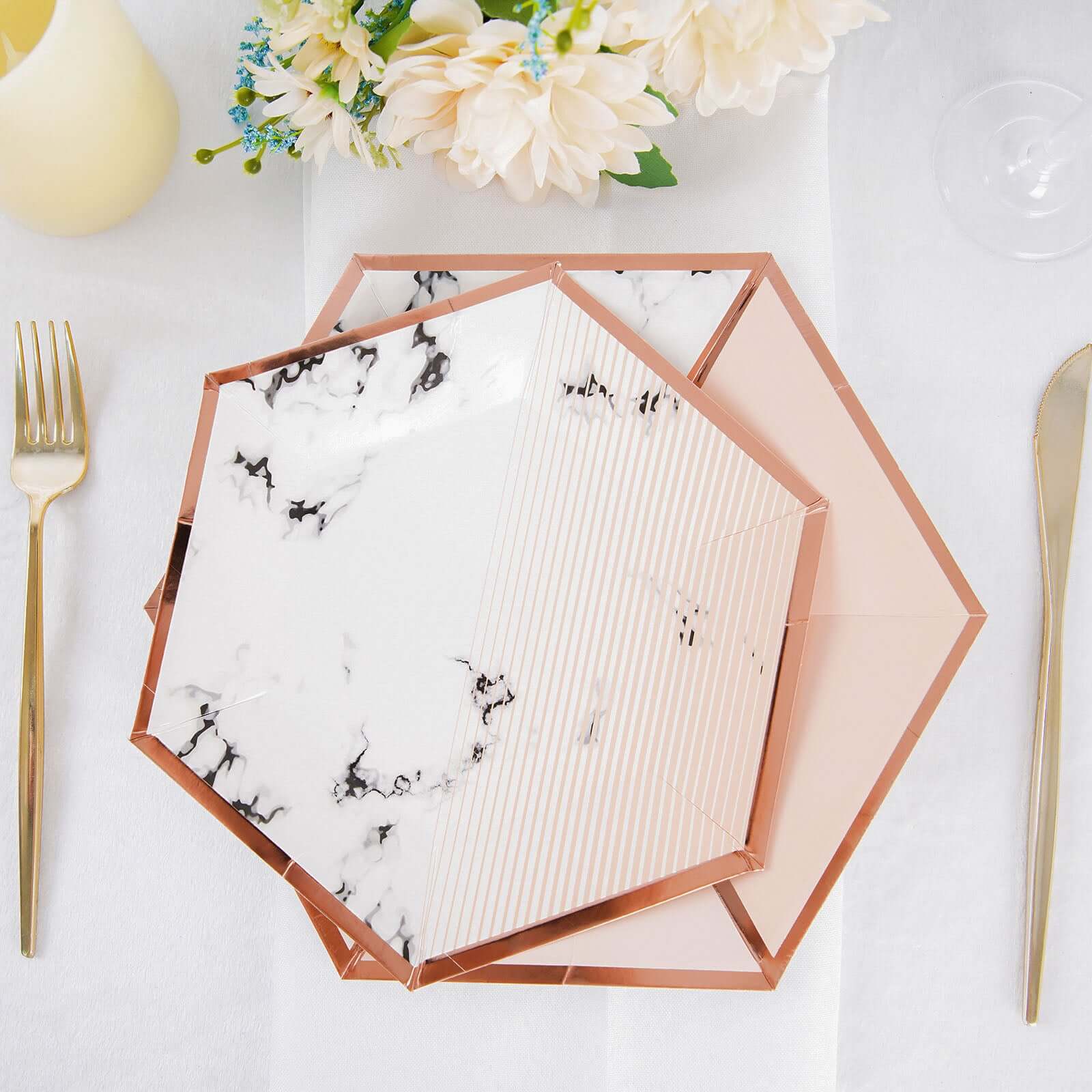 50-Pack Paper Hexagon Dinner and Dessert Plates in Blush with Marble Design & Rose Gold Foil Rim - Chic Disposable Geometric Party Plates Set for 25 Guests 8", 10"