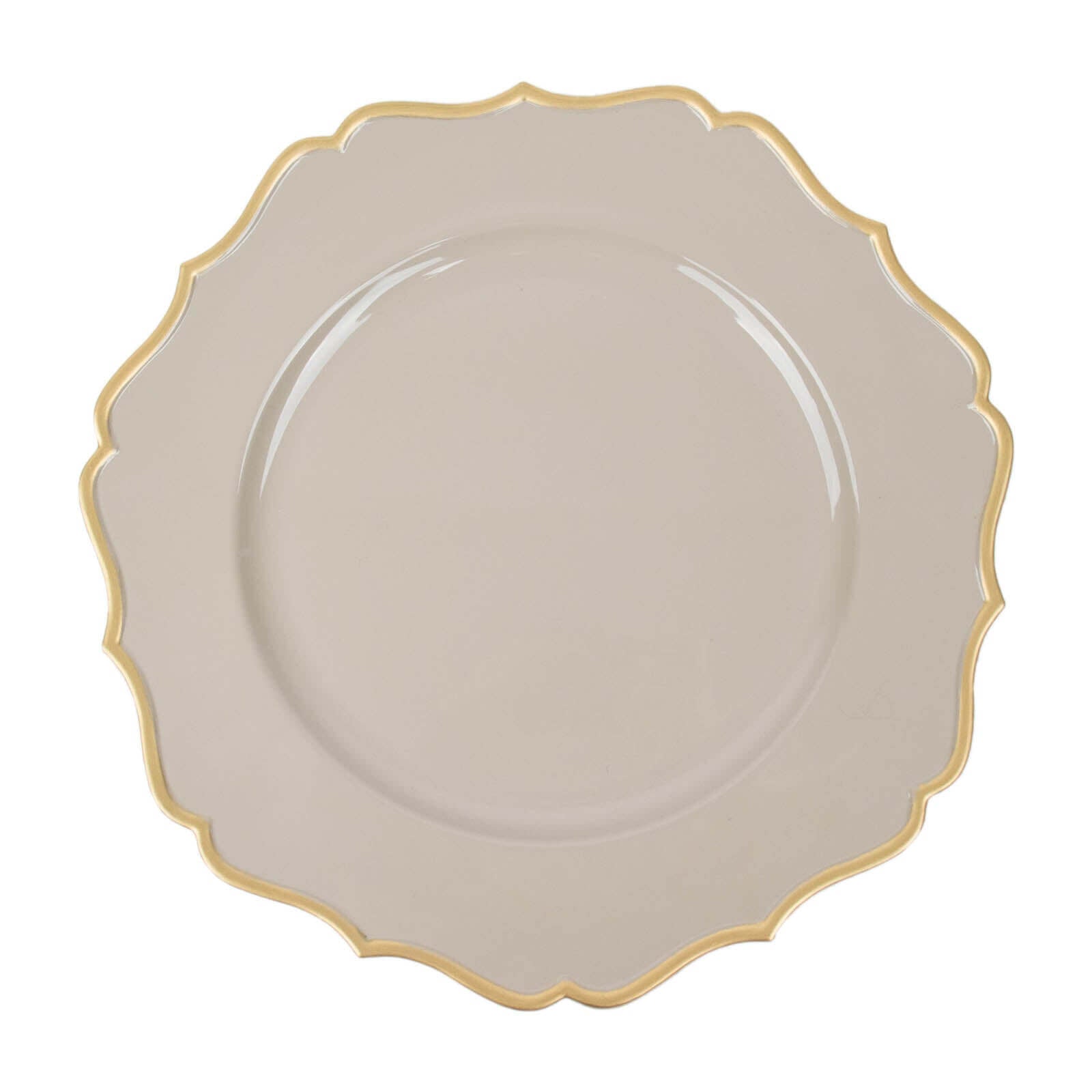 6-Pack Acrylic Round Charger Plates 13" in Taupe with Gold Scalloped Rim, Decorative Dinner Party Plastic Charger Tableware
