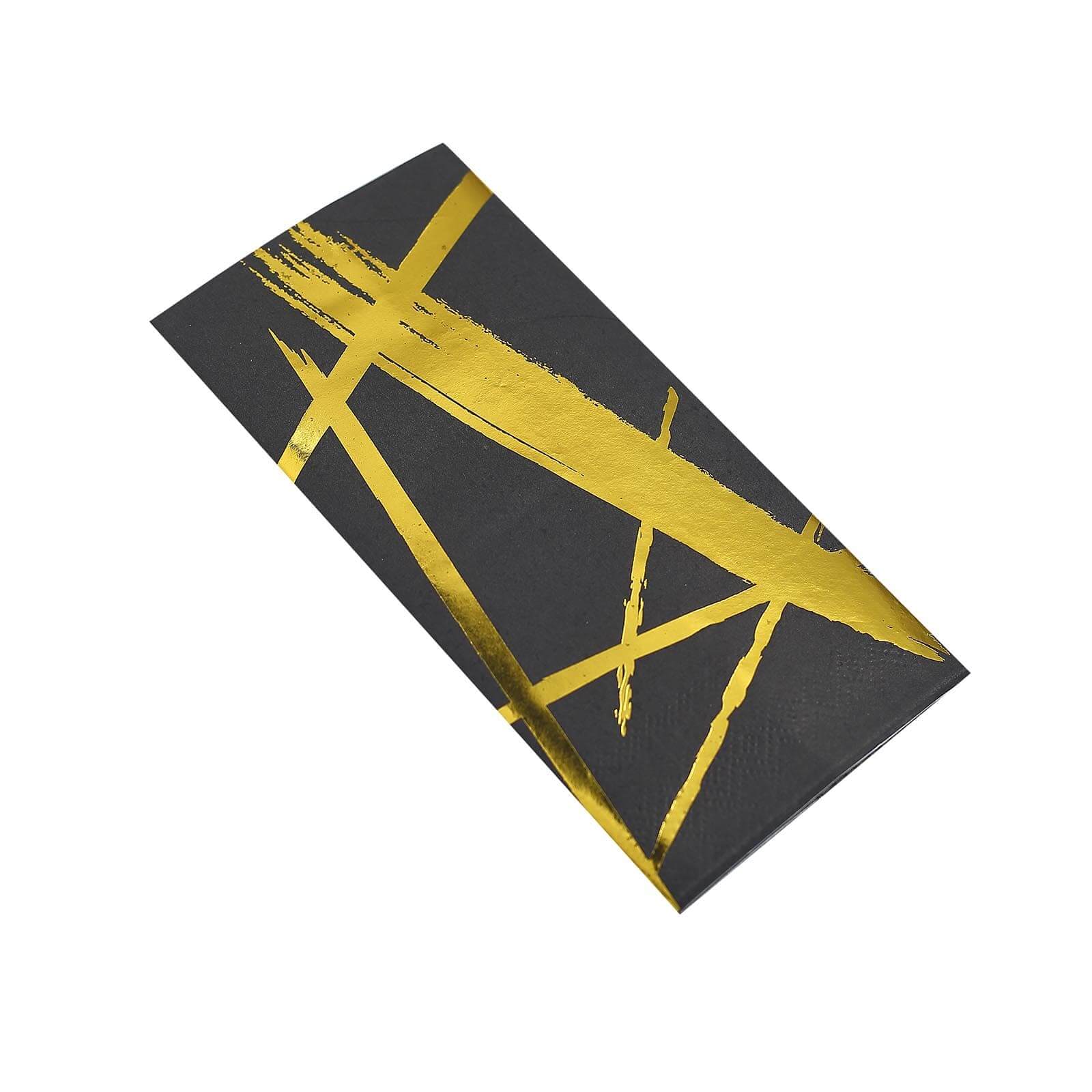 20-Pack Paper Dinner Napkins Black with Metallic Gold Streak Design - Stylish 3 Ply Disposable Cocktail Napkins for Weddings