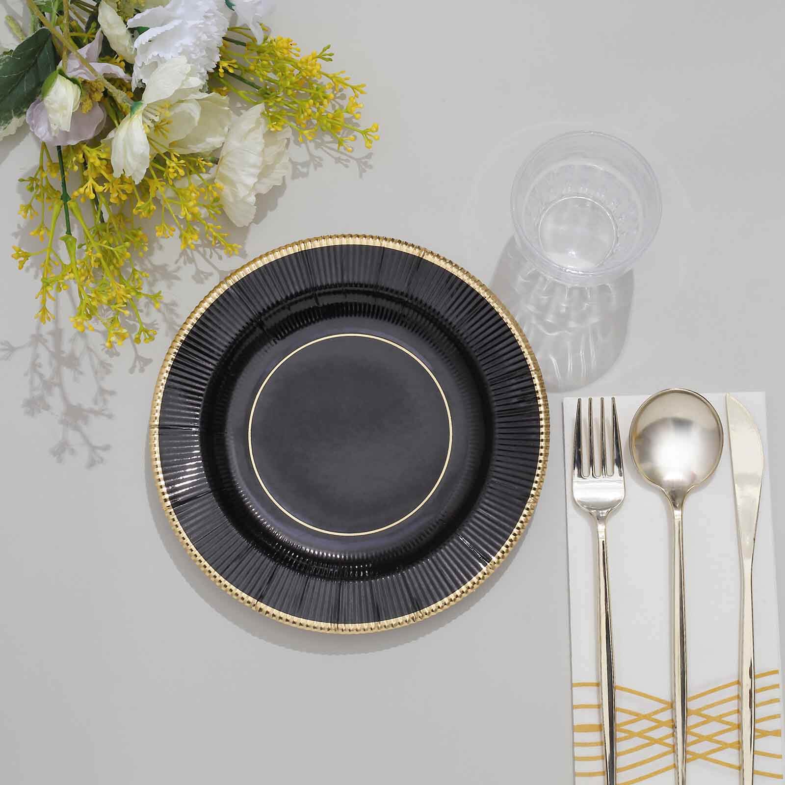 25-Pack Paper 8" Round Dessert Plates in Black Sunray Design with Gold Rim - Disposable Heavy Duty 350GSM Appetizer Salad Plates