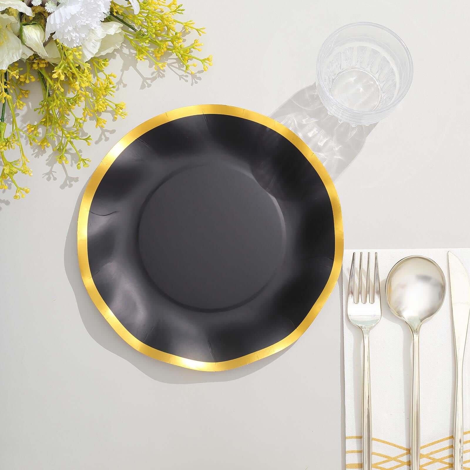 25-Pack Paper Round Dessert Plates 8" Matte Black with Gold Wavy Rim - Disposable 350GSM Salad Plates
