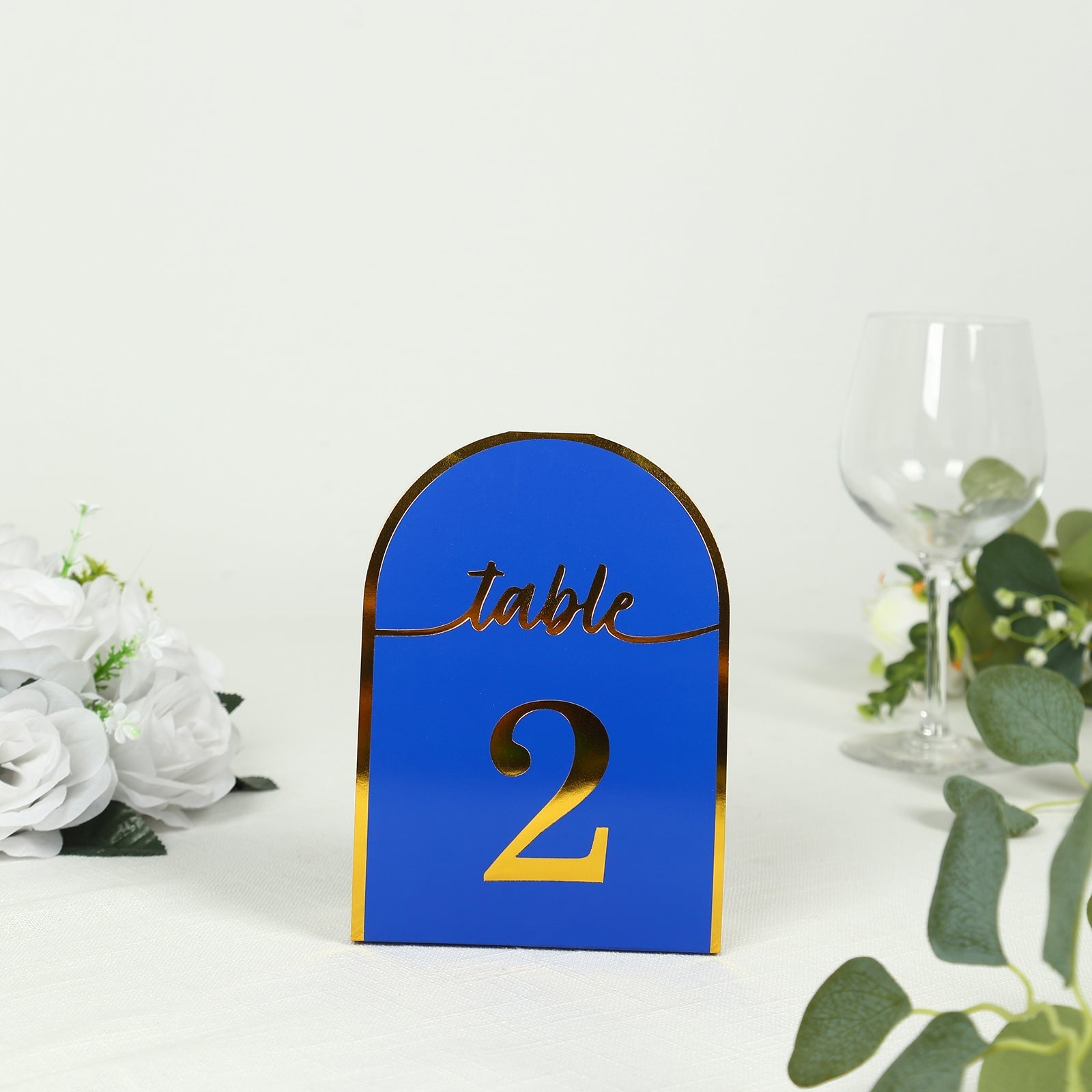 25-Pack Paper Wedding Table Numbers 1-25 Royal Blue Arch Cutout Design - Sleek & Modern Free Standing Double Sided Table Tent Cards with Metallic Gold Foil Numbers 7"