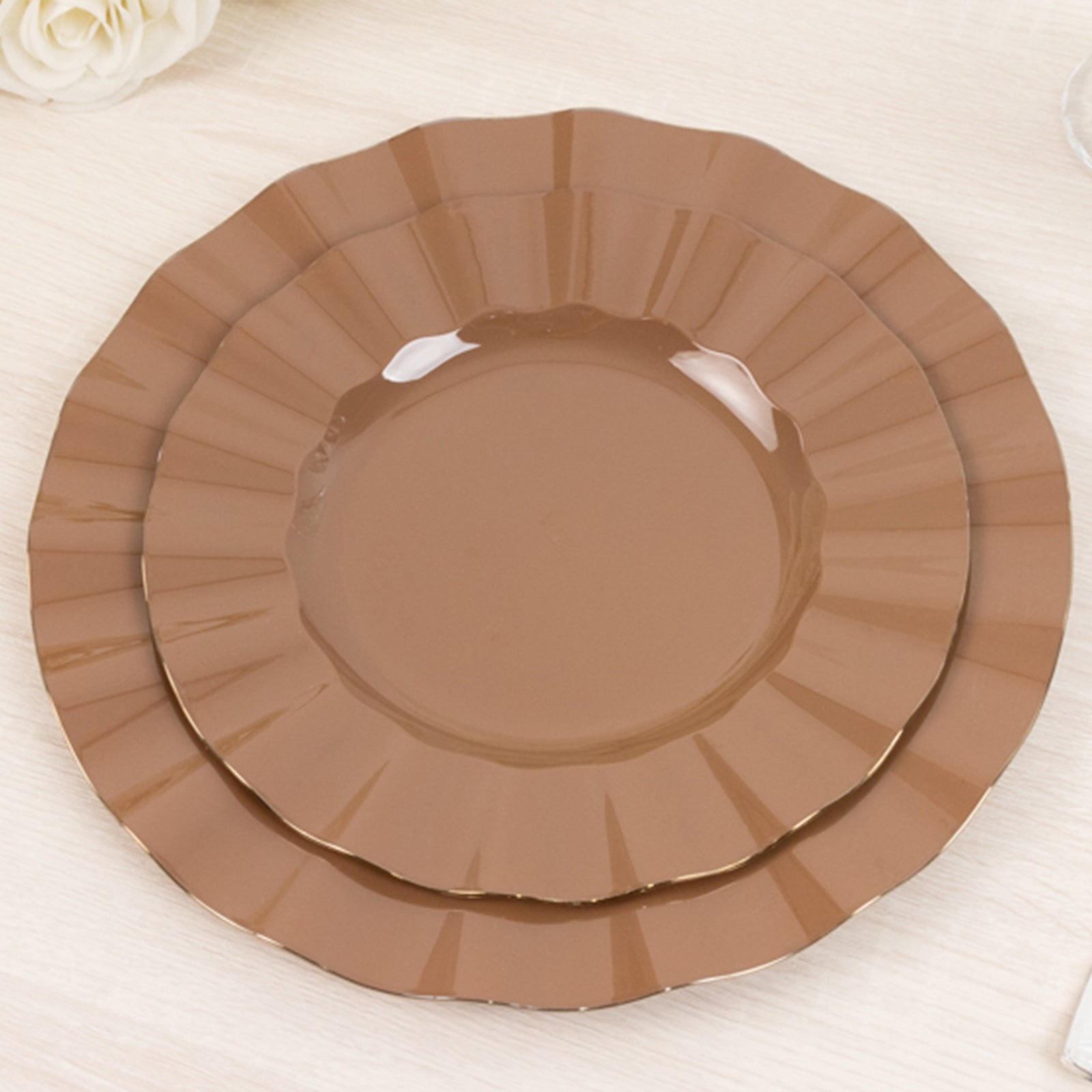 10-Pack Plastic 9" Round Dinner Plates in Coffee Brown Ruffled Rim with Gold Edging - Sturdy Disposable Dinnerware