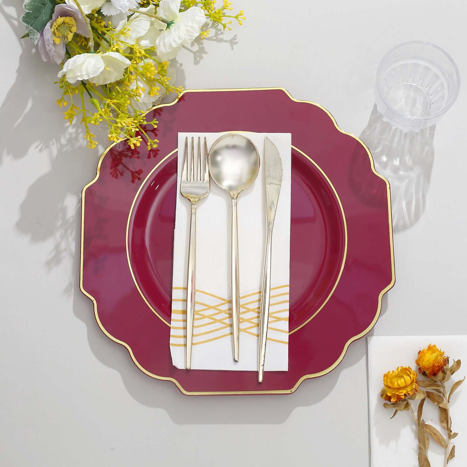 10-Pack Plastic Dinner Plates in Burgundy Baroque Design with Scalloped Gold Rim - Heavy Duty Disposable Party Plates 11"