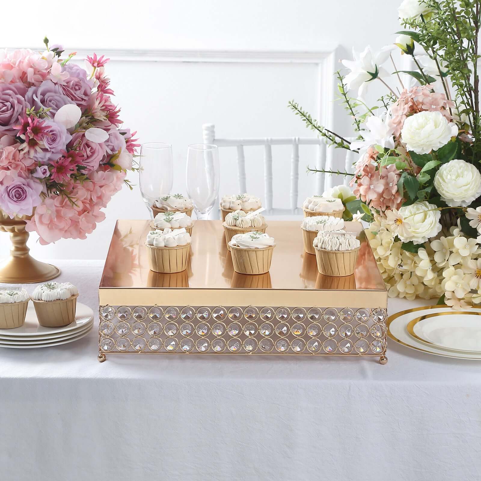 Metal Cake Stand Square Design with Crystal Beads Gold - Dessert Pedestal for Events 16"