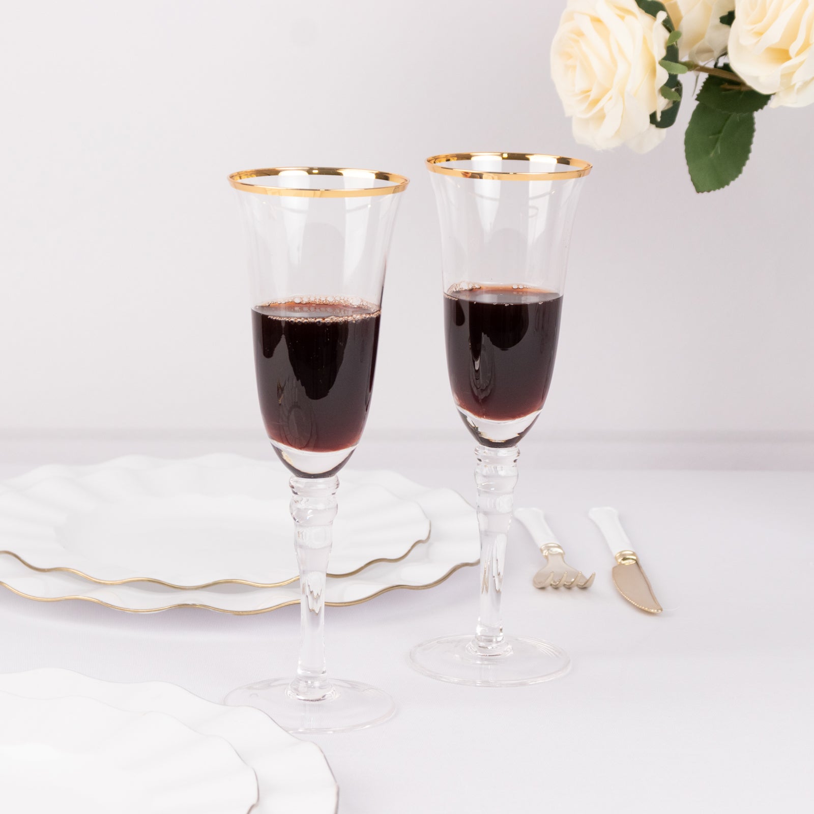 6-Pack Champagne Flute Glasses Clear Gold Rimmed Design with Long Beaded Stem - Chic Crystal Glassware for Wine & Events 6oz 8.5"