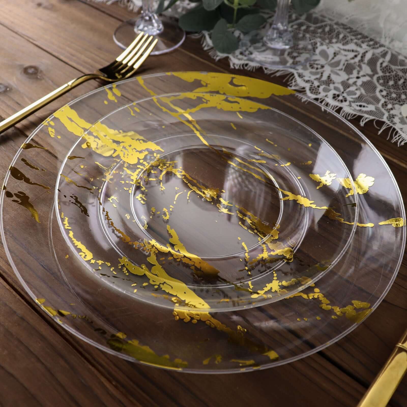 10-Pack Plastic 8" Round Dessert Plates in Clear with Gold Marble Print - Disposable Appetizer/Salad Plates for Chic Banquets & Special Occasions
