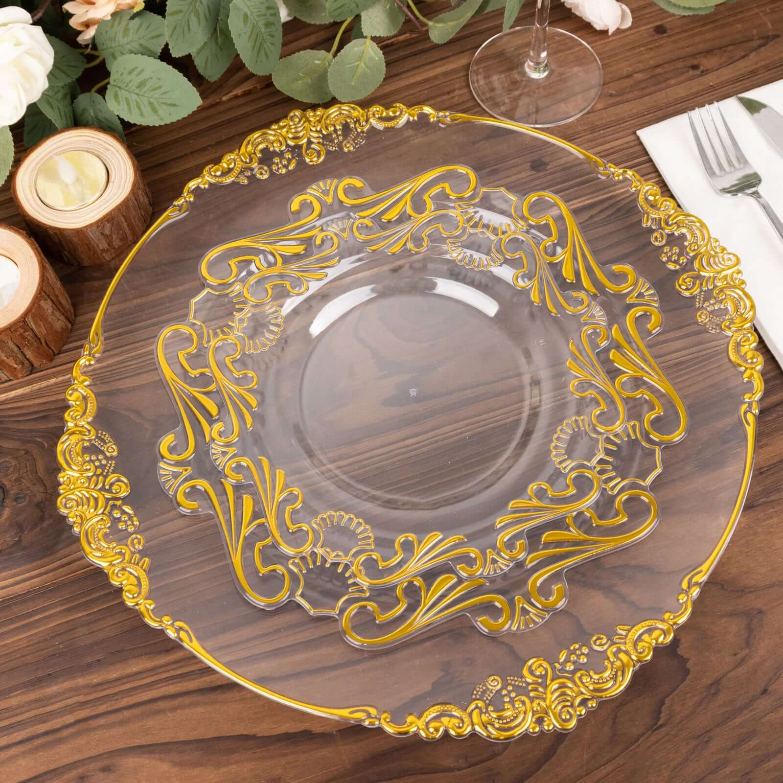10-Pack Plastic 8" Round Dessert Plates in Clear with Gold Vintage Baroque Scalloped Rim - European Style Disposable Salad Appetizer Plates
