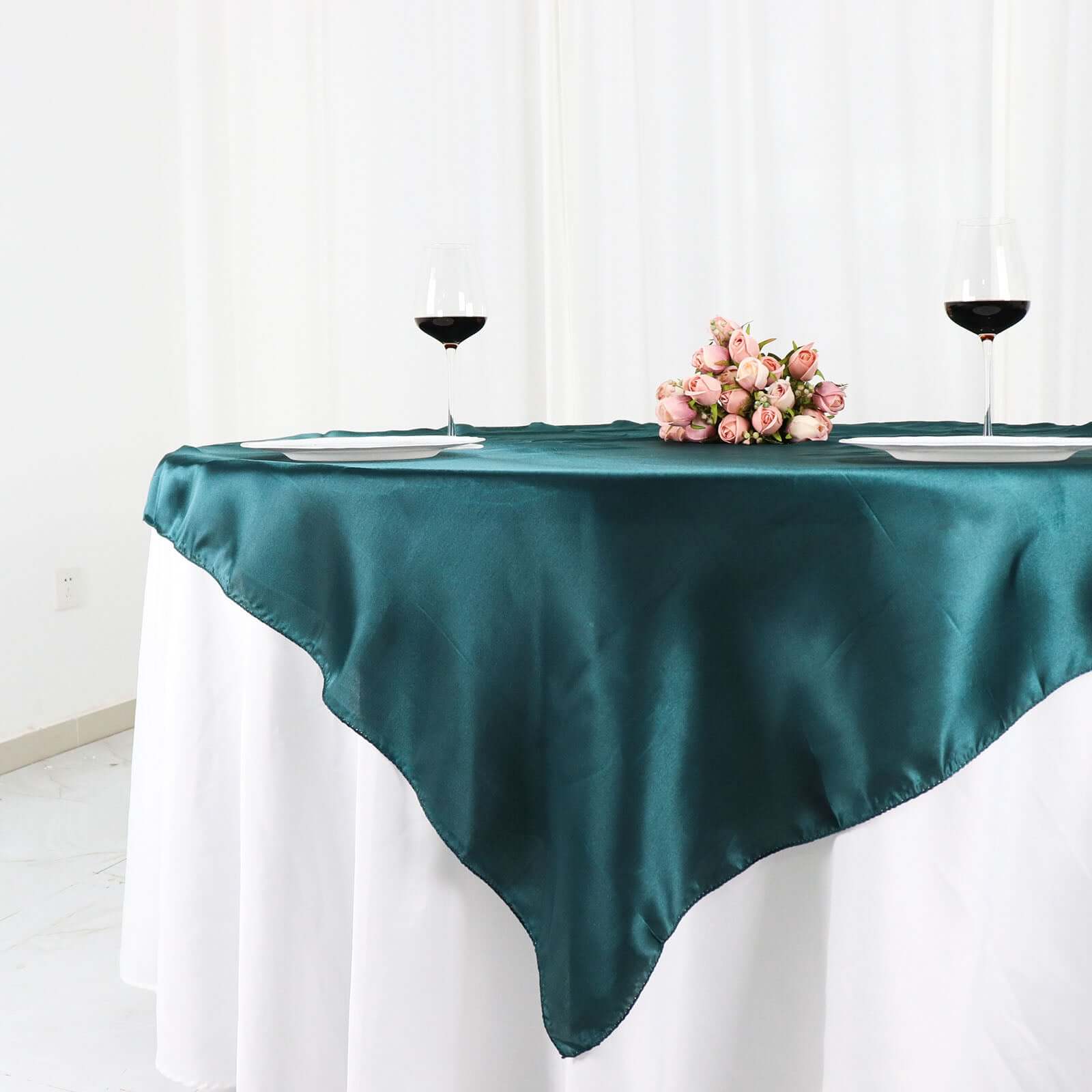 Satin 60"x60" Table Overlay Square Tablecloth Peacock Teal - Smooth Silky Touch Table Cover